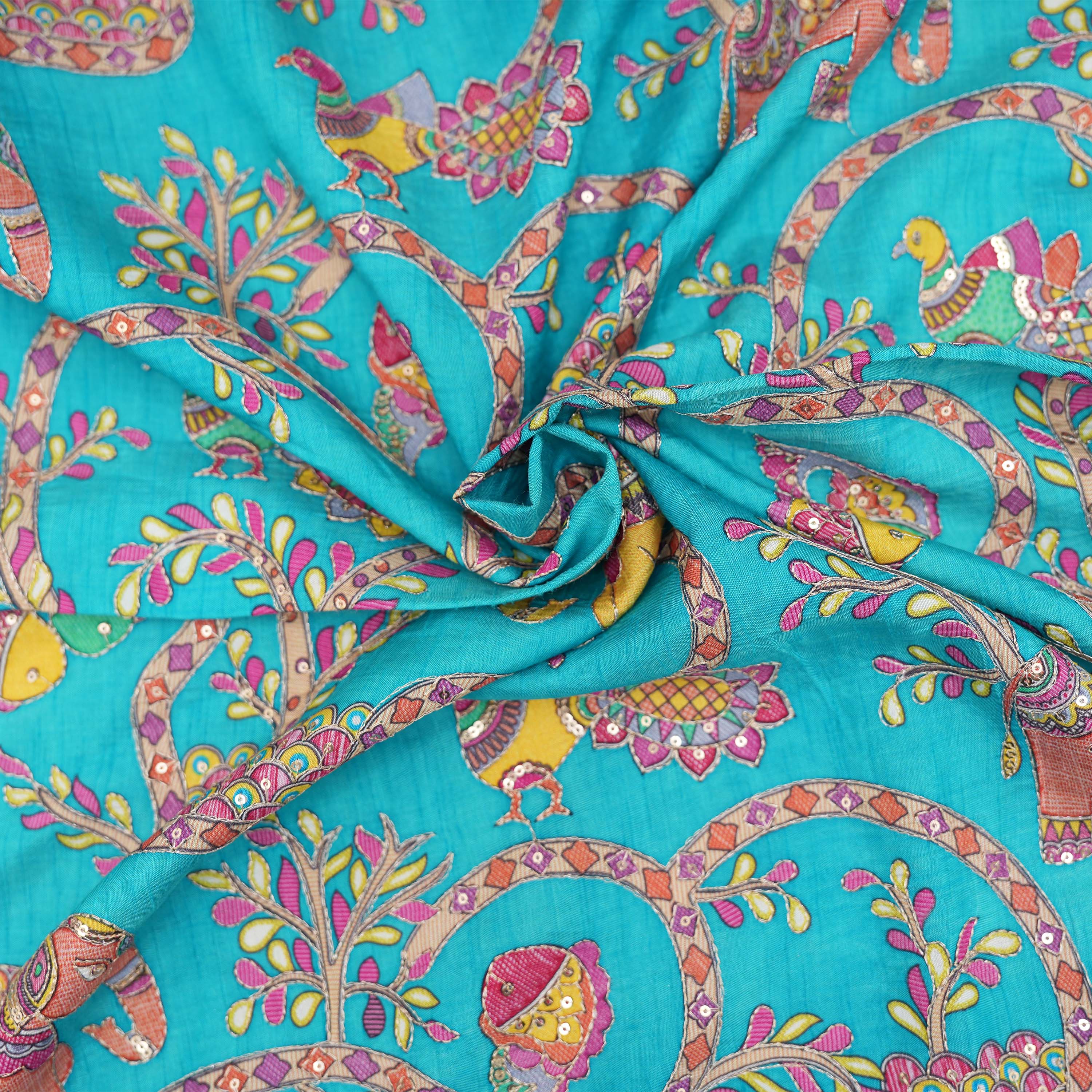 Bright Turquoise Printed Floral And Animal Motifs Dola Silk Fabric