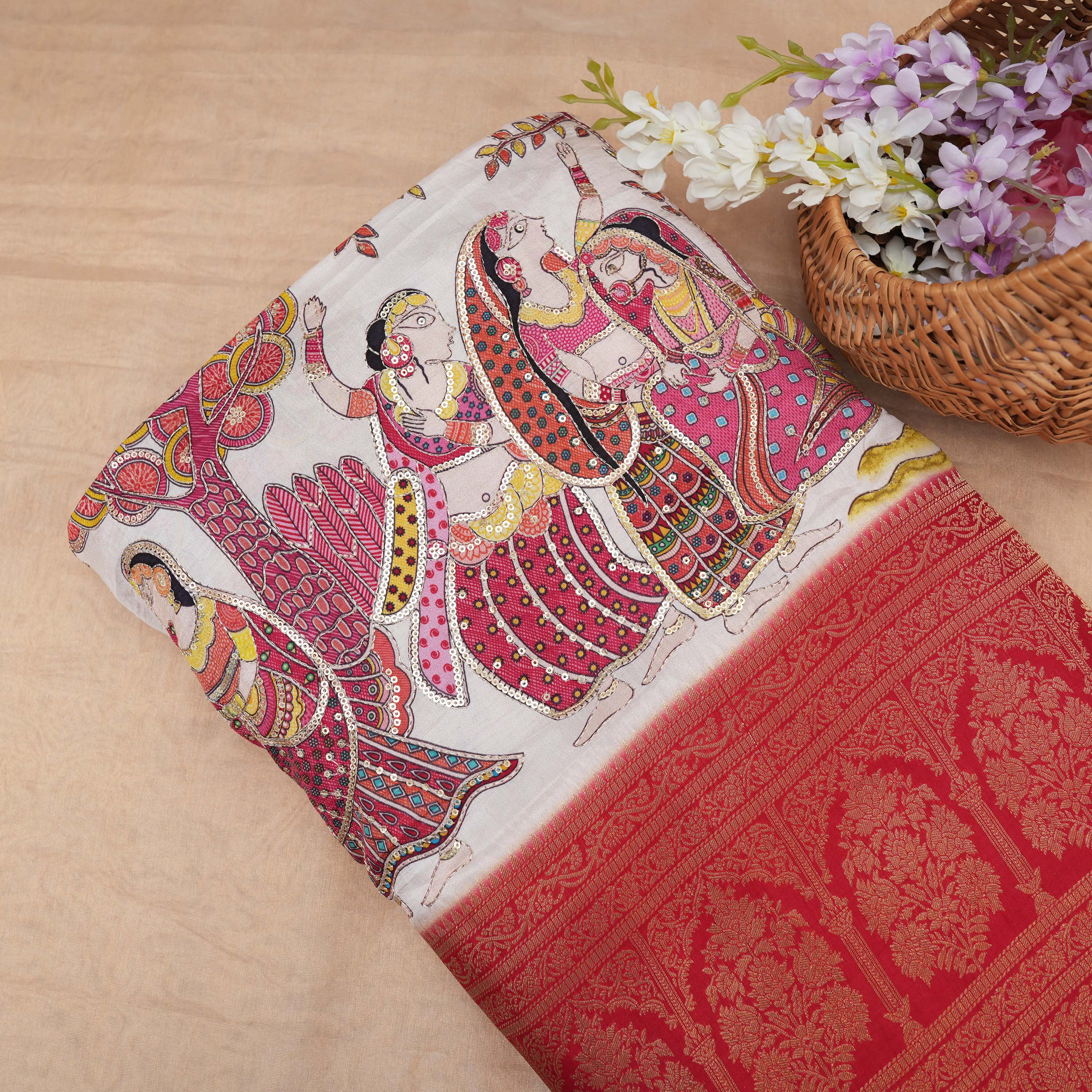 Off White Traditional Border Printed Silk Fabric