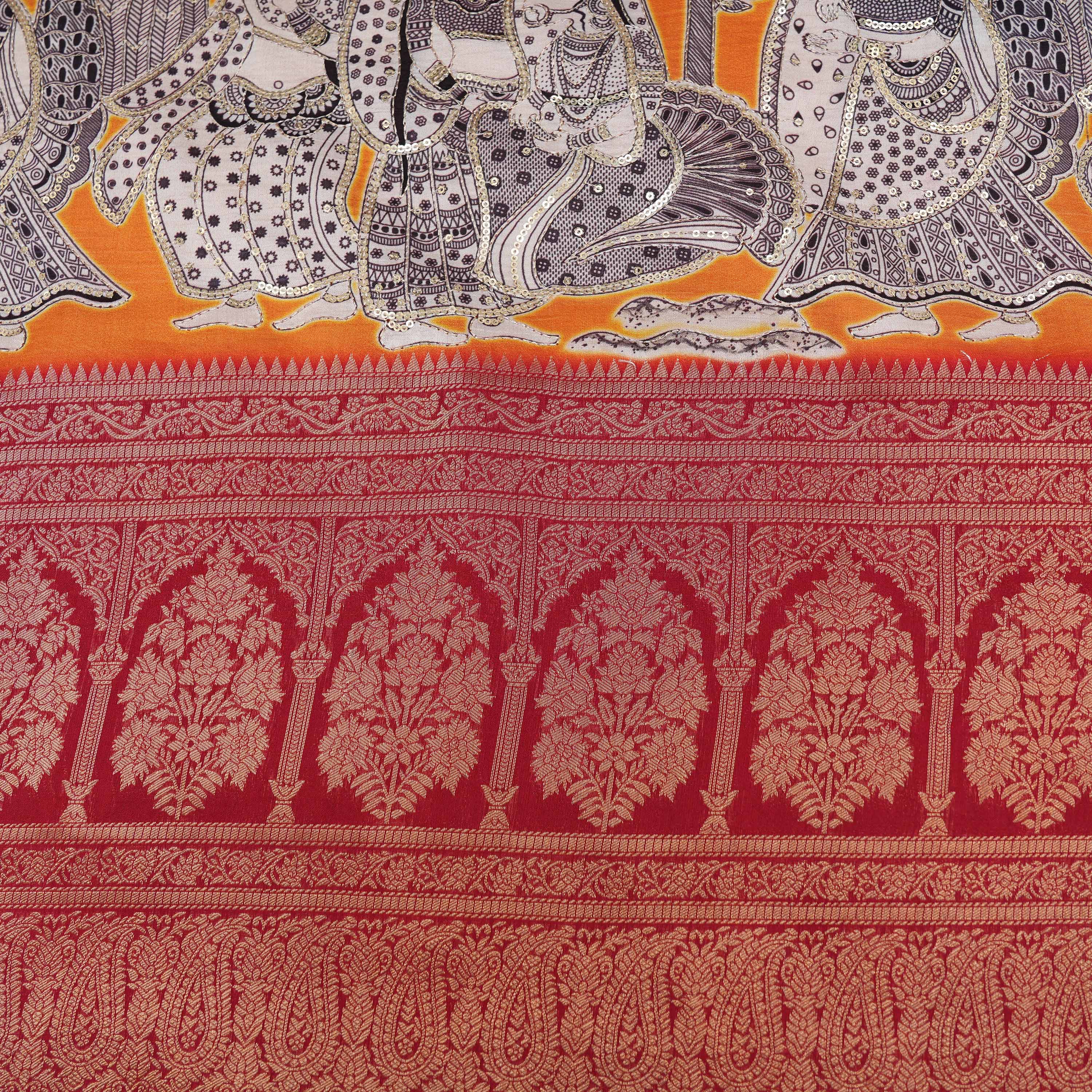 Orange Traditional Border Printed Silk Fabric