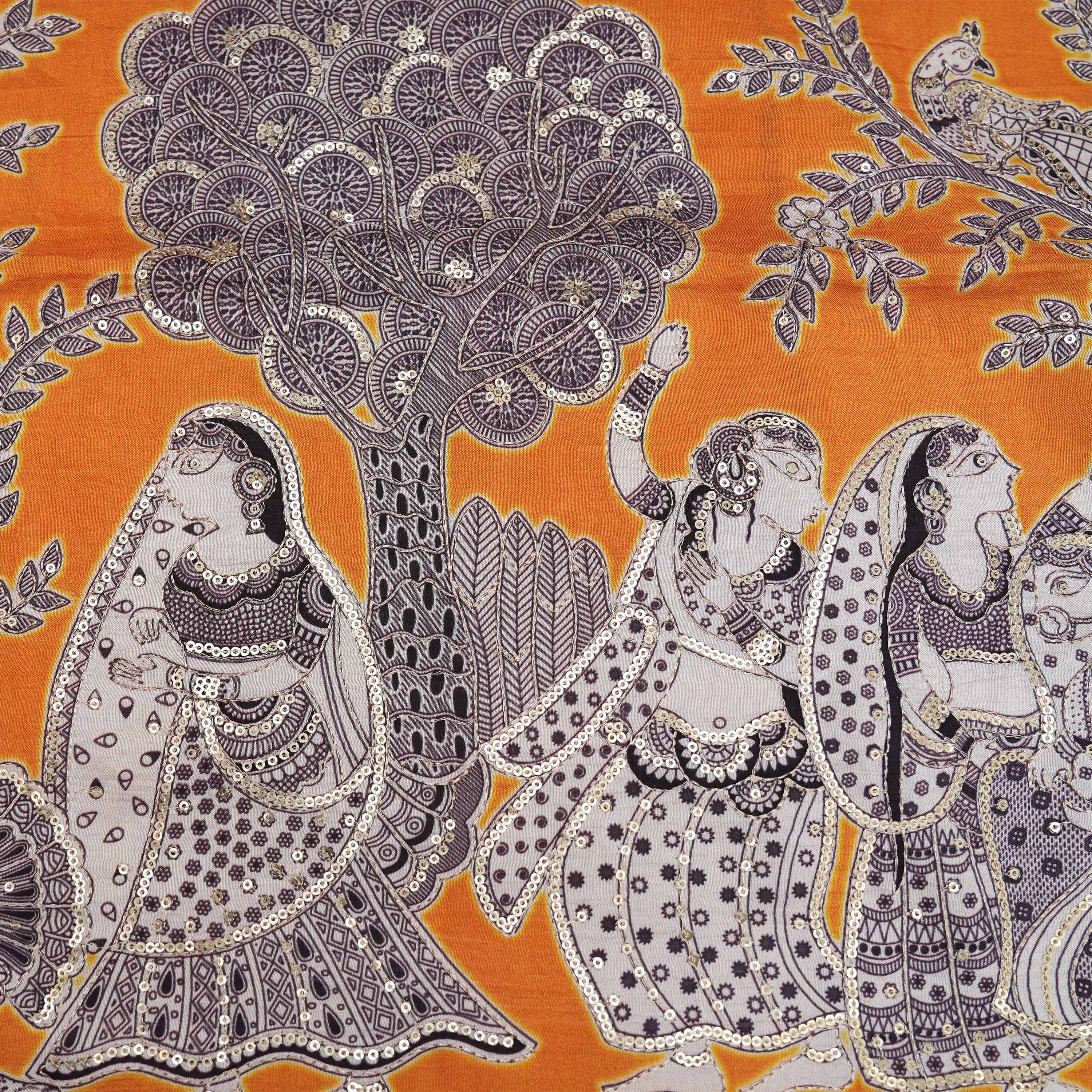 Orange Traditional Border Printed Silk Fabric