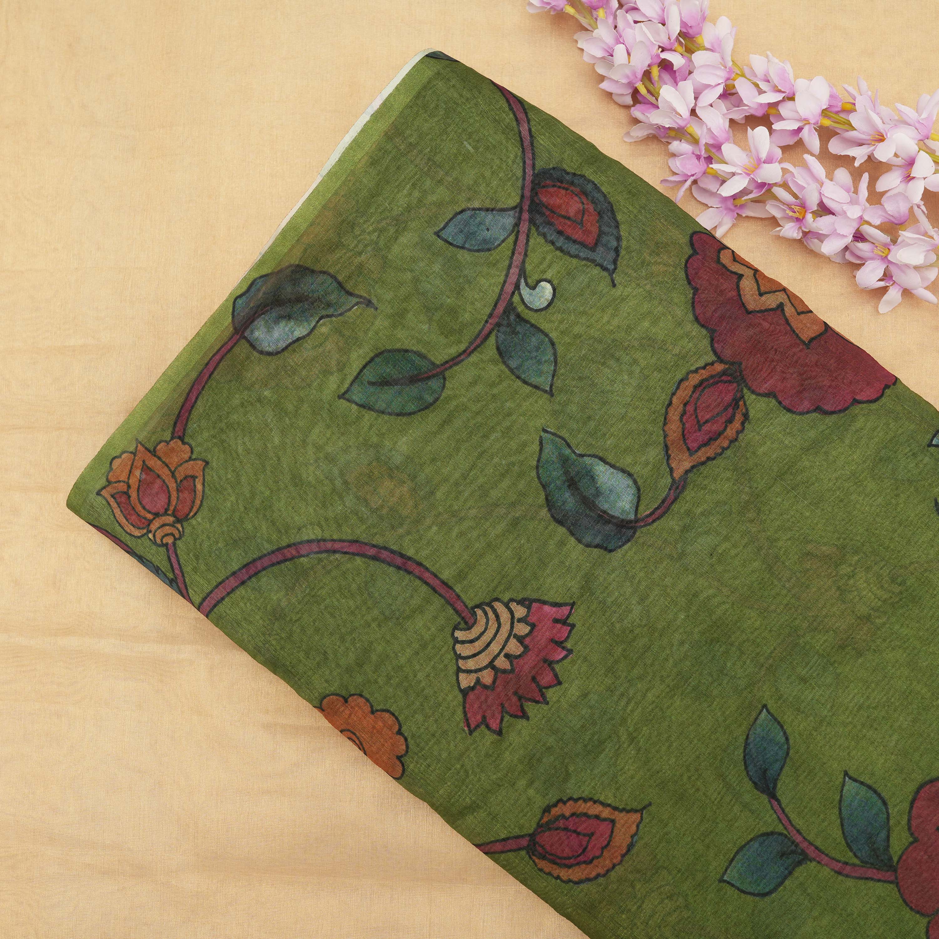 Parrot Green Floral Jaal Tissue Fabric