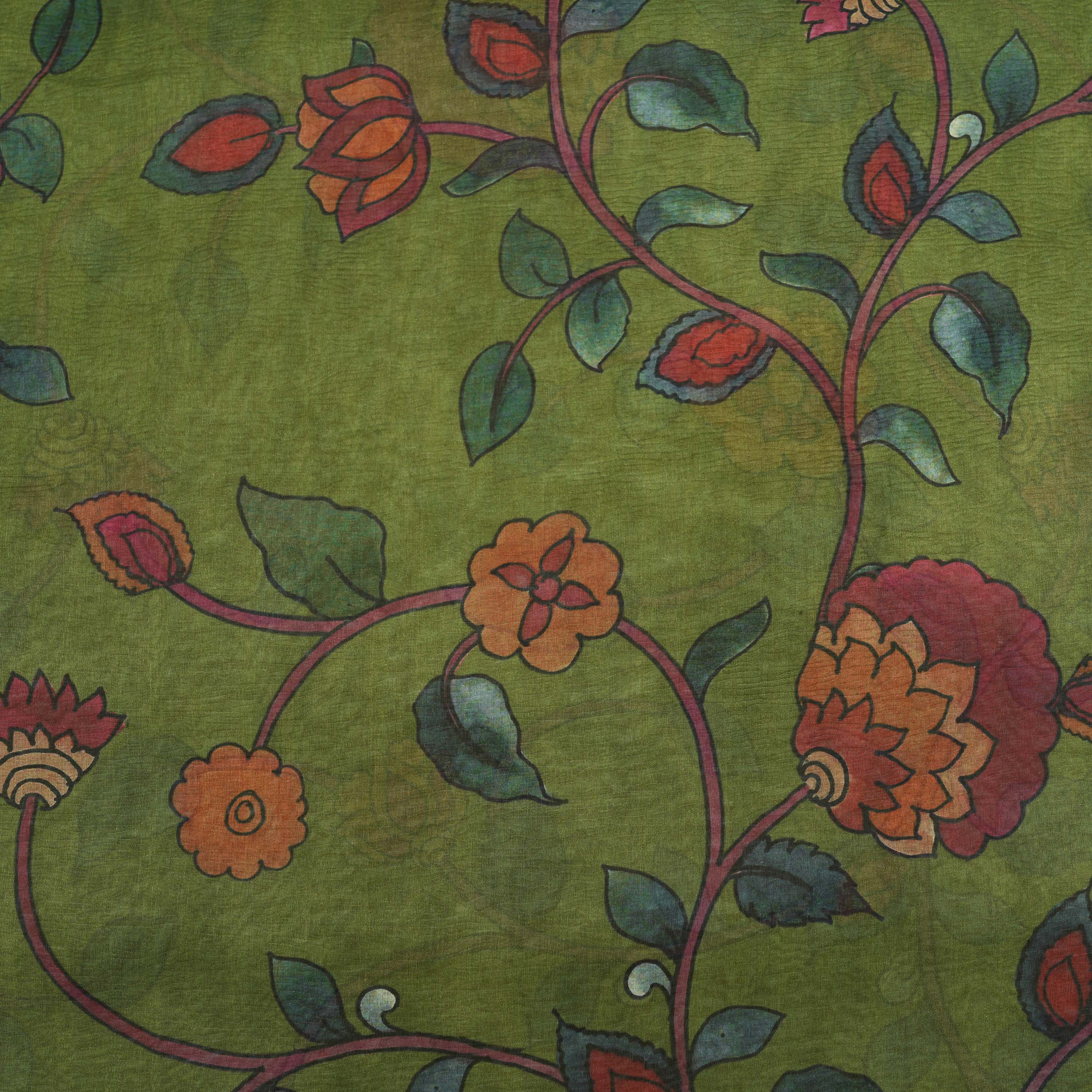 Parrot Green Floral Jaal Tissue Fabric