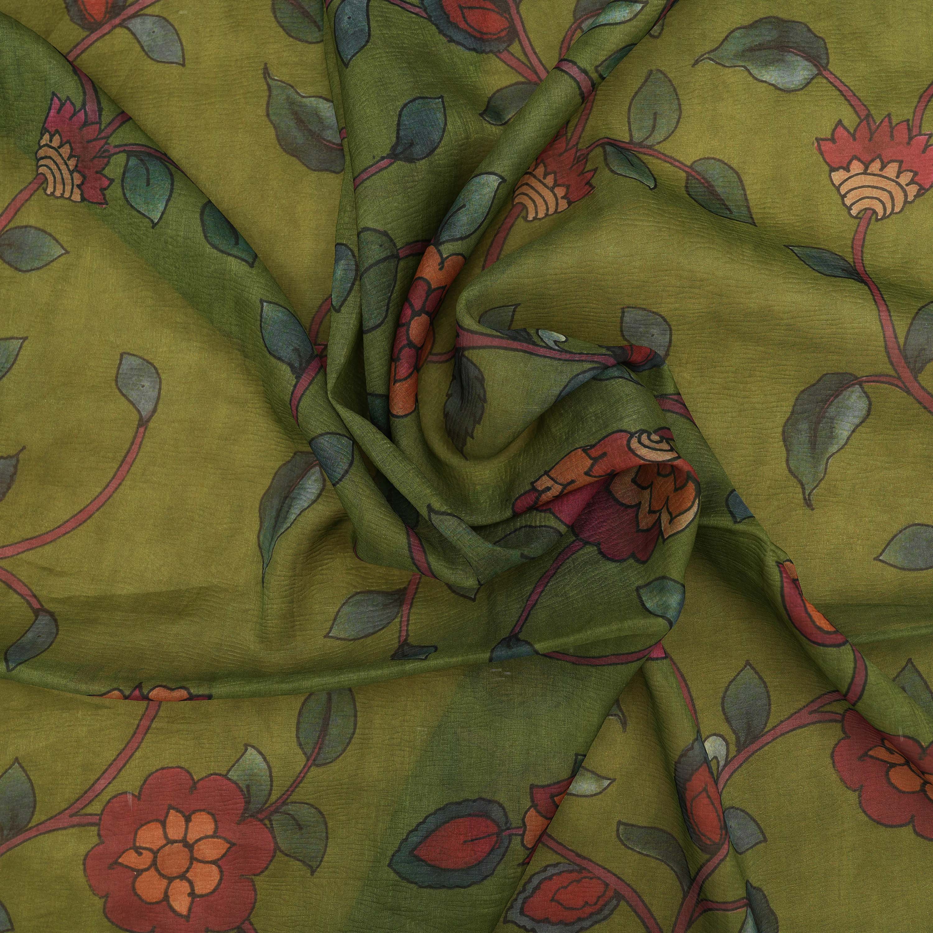 Parrot Green Floral Jaal Tissue Fabric