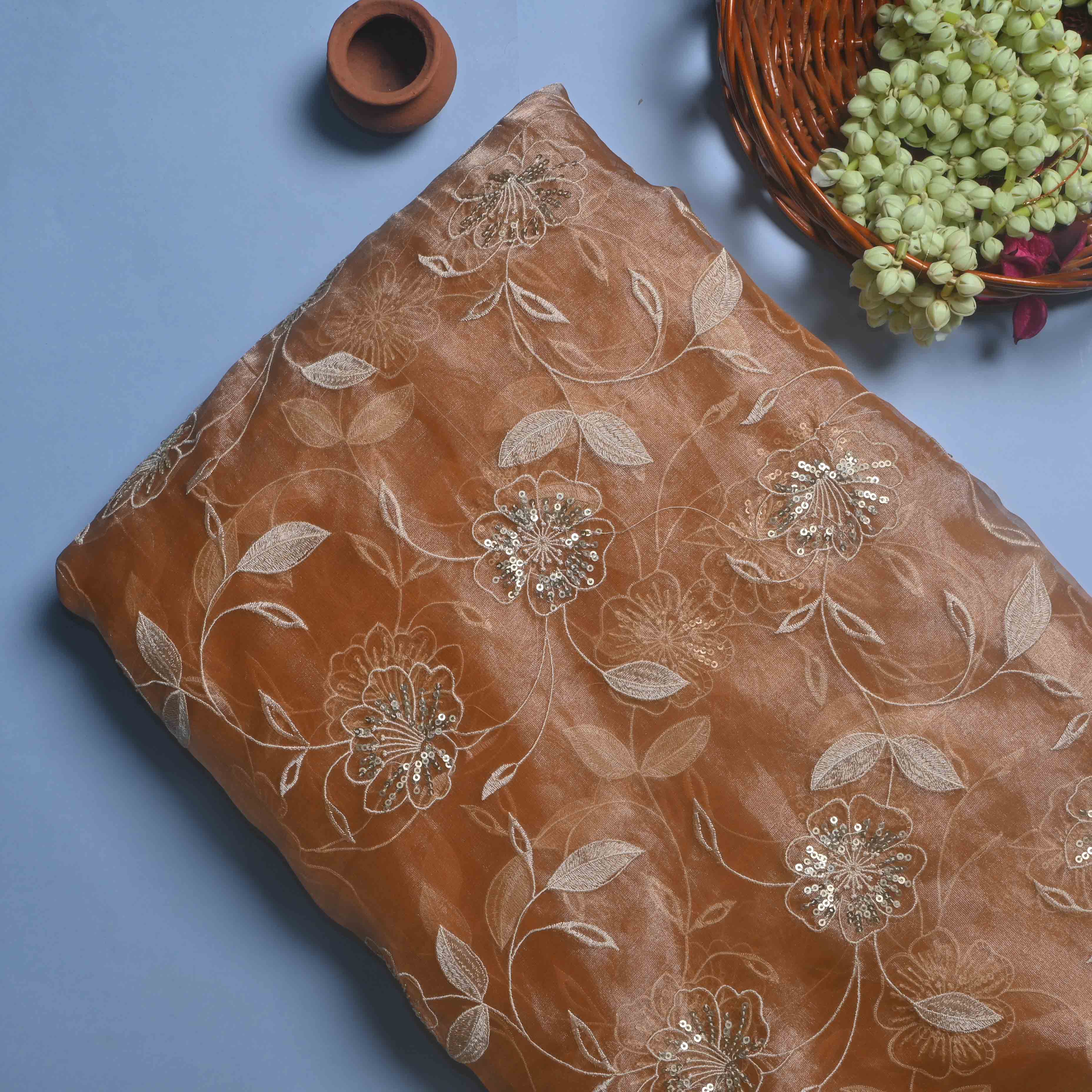 Apricot Orange Thread Embroidery Tissue Fabric