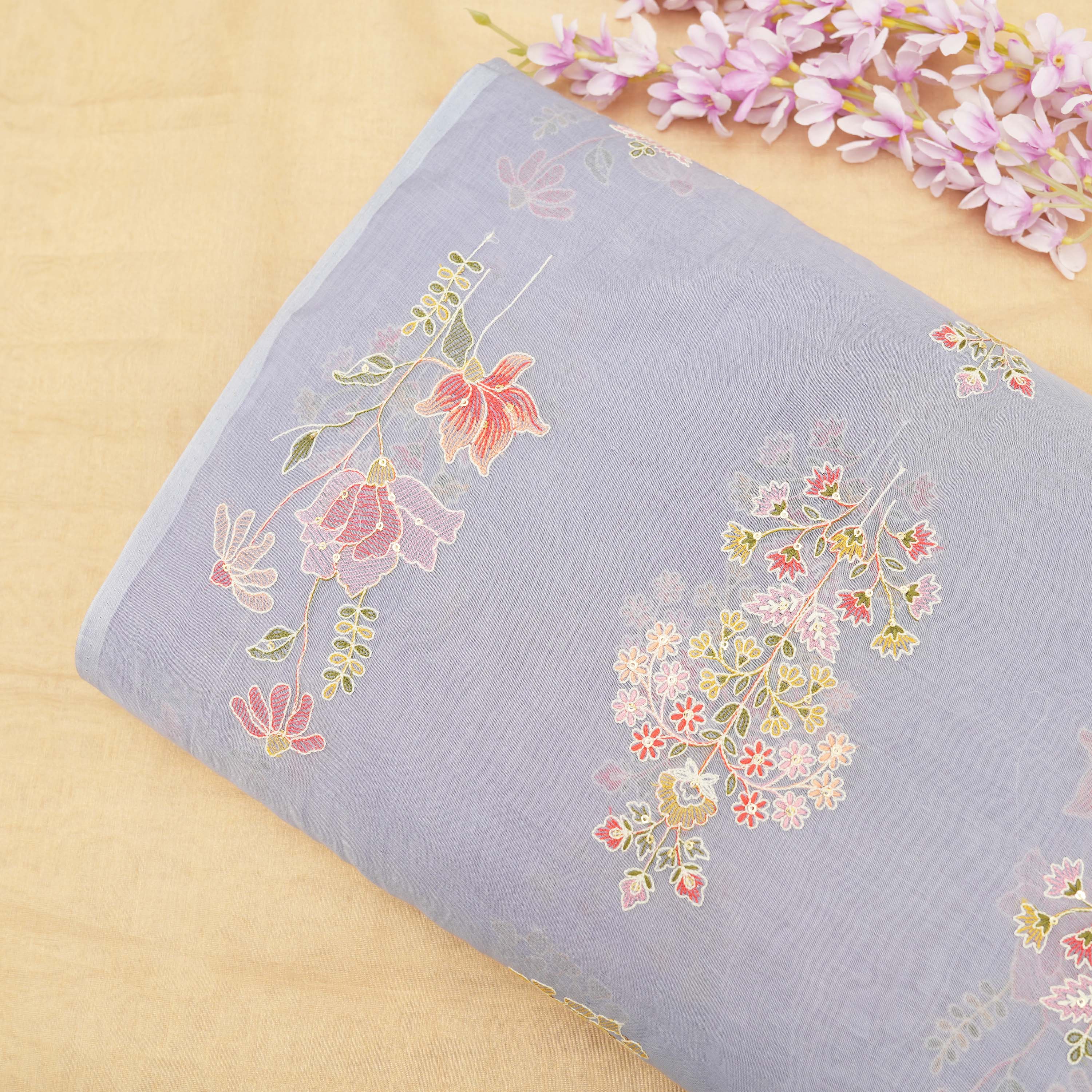 Light Purplish Blue Floral Embroidered Chanderi Fabric