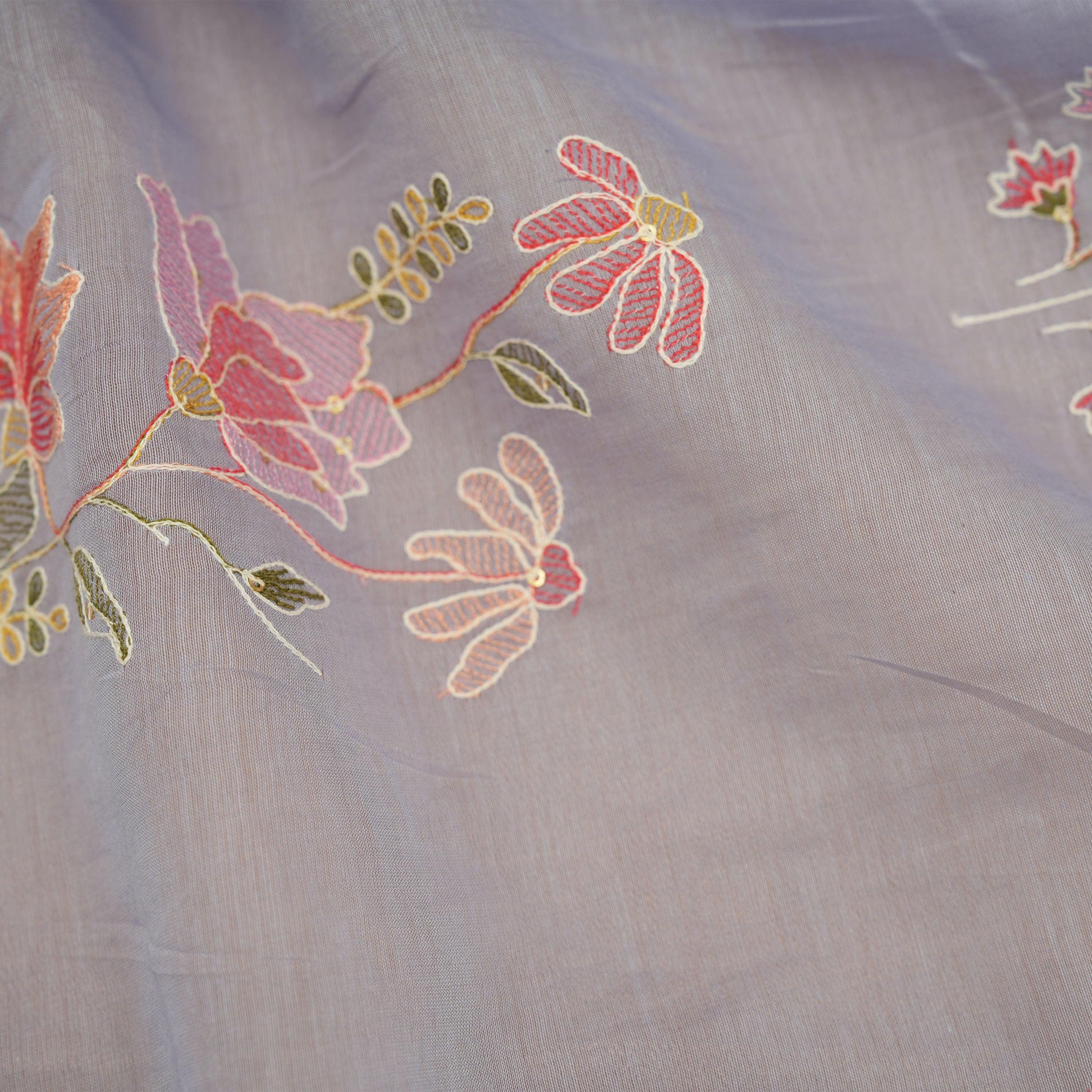 Light Purplish Blue Floral Embroidered Chanderi Fabric