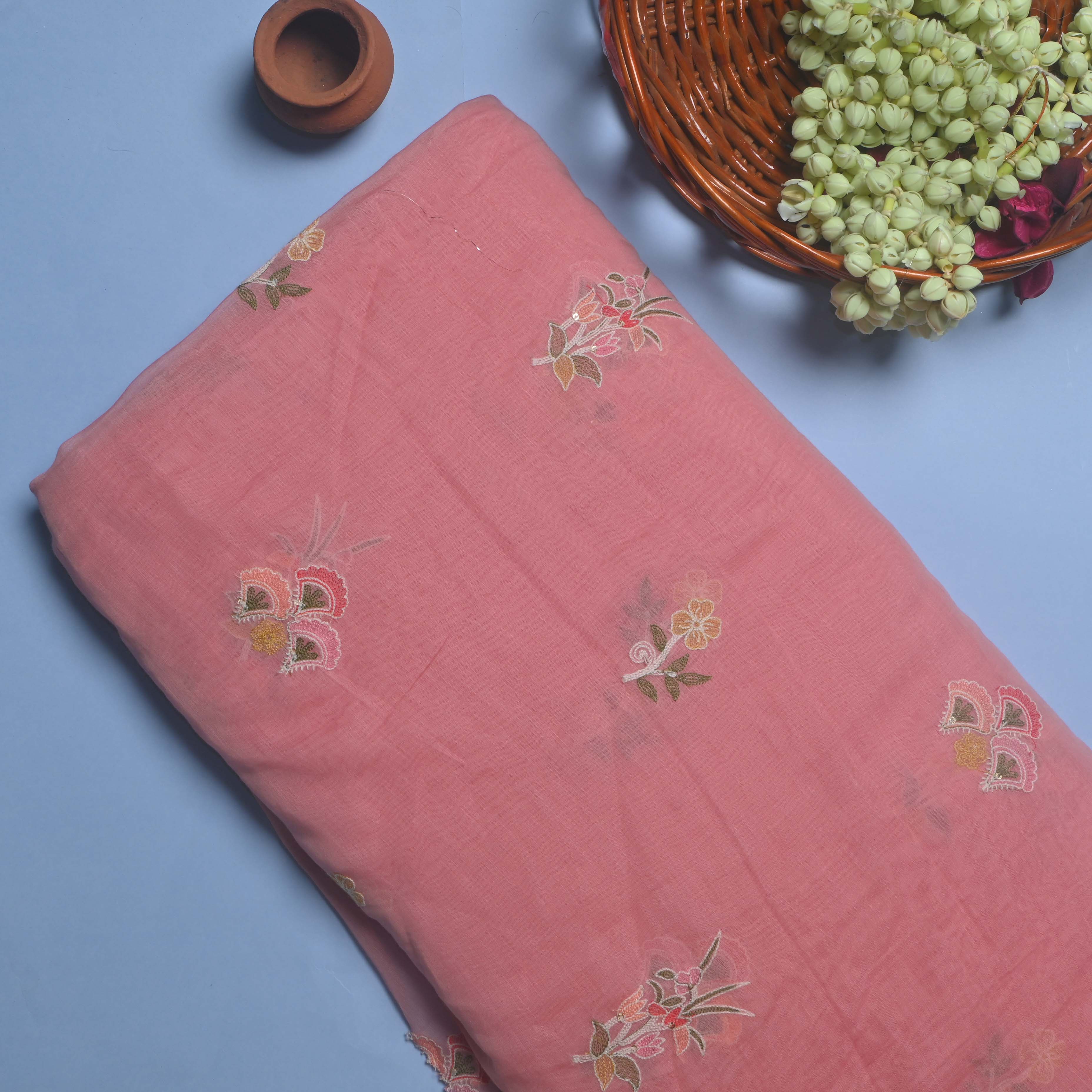 Pinkish Red Floral Chanderi Fabric With Embroidery