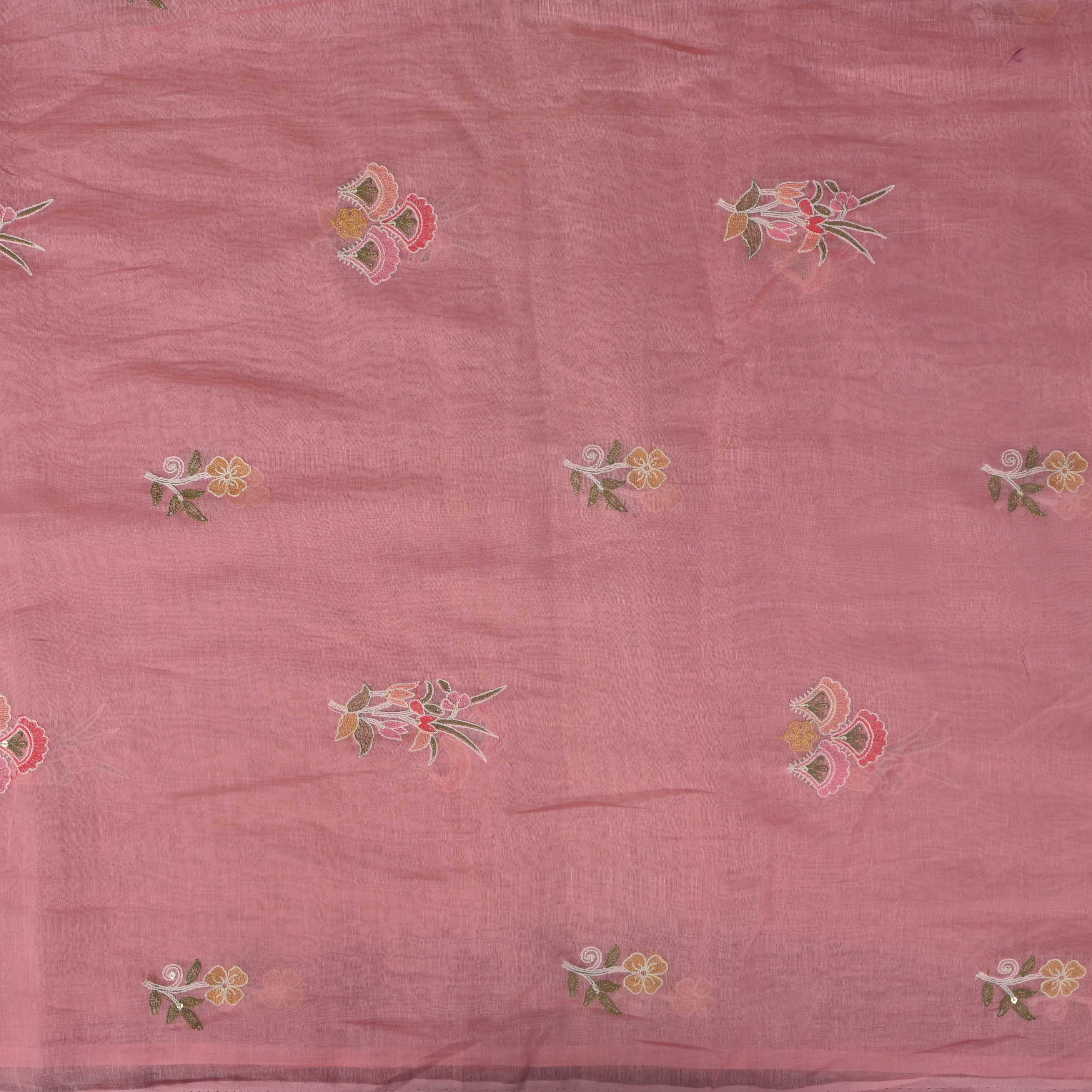 Pinkish Red Floral Chanderi Fabric With Embroidery