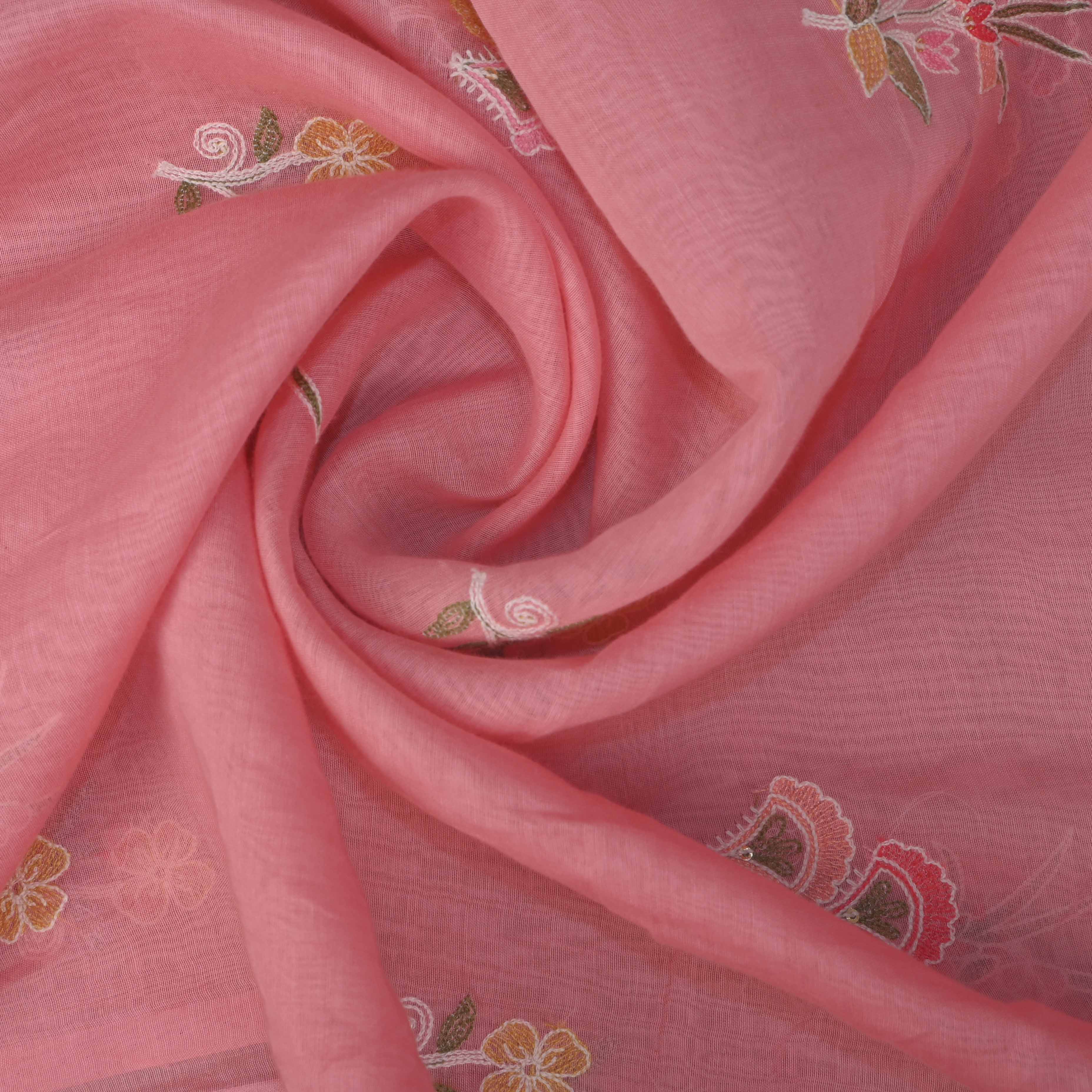 Pinkish Red Floral Chanderi Fabric With Embroidery