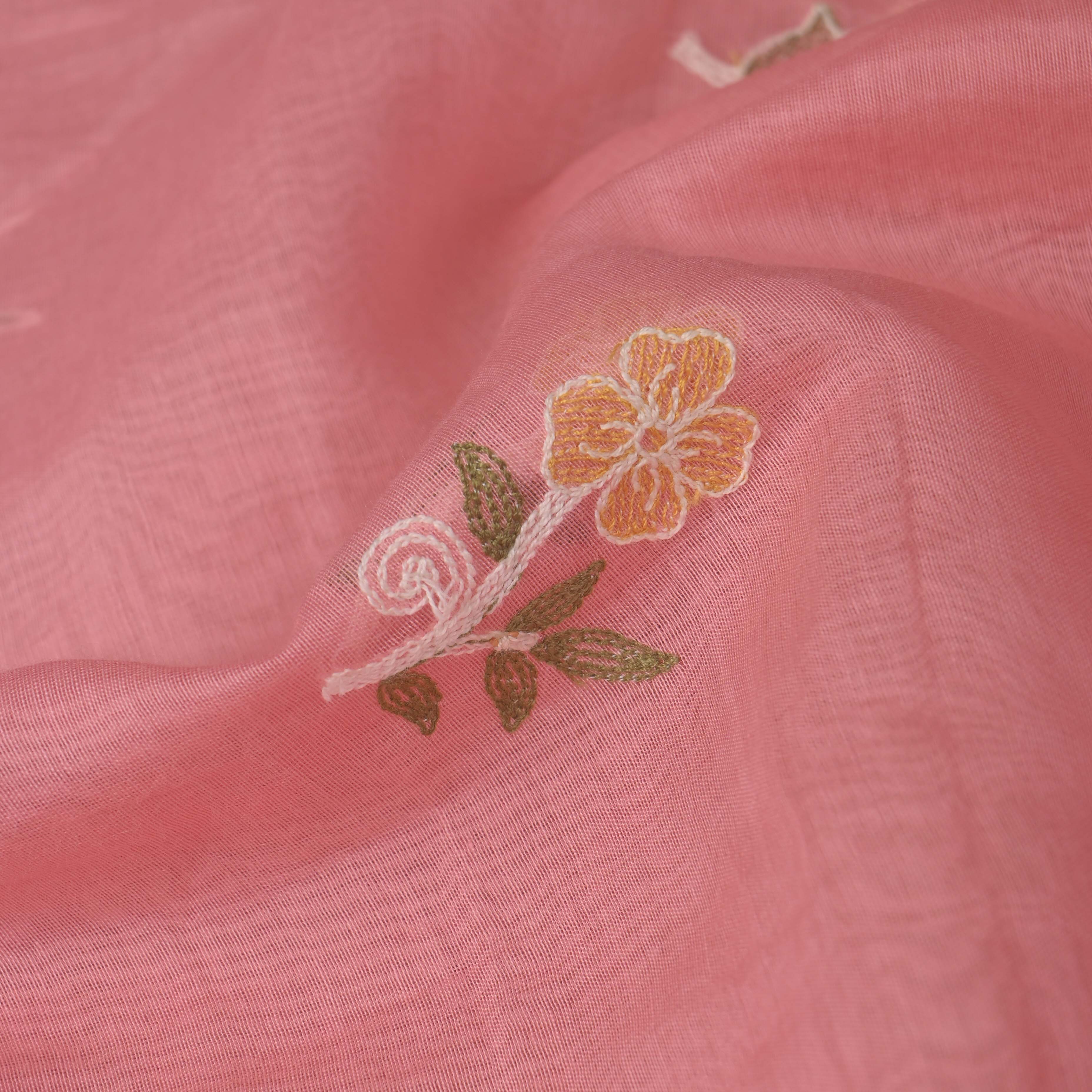 Pinkish Red Floral Chanderi Fabric With Embroidery