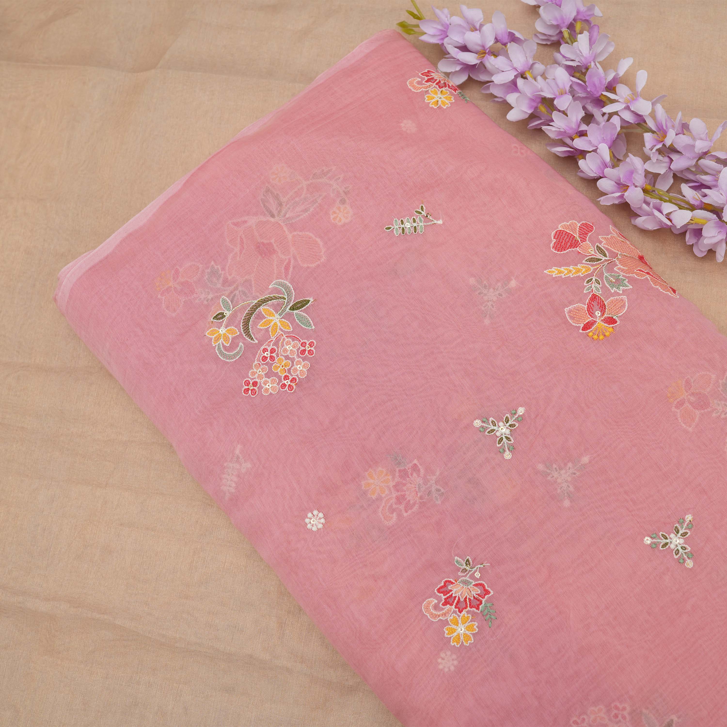 Cherry Blossom Pink Floral Embroidered Chanderi Fabric