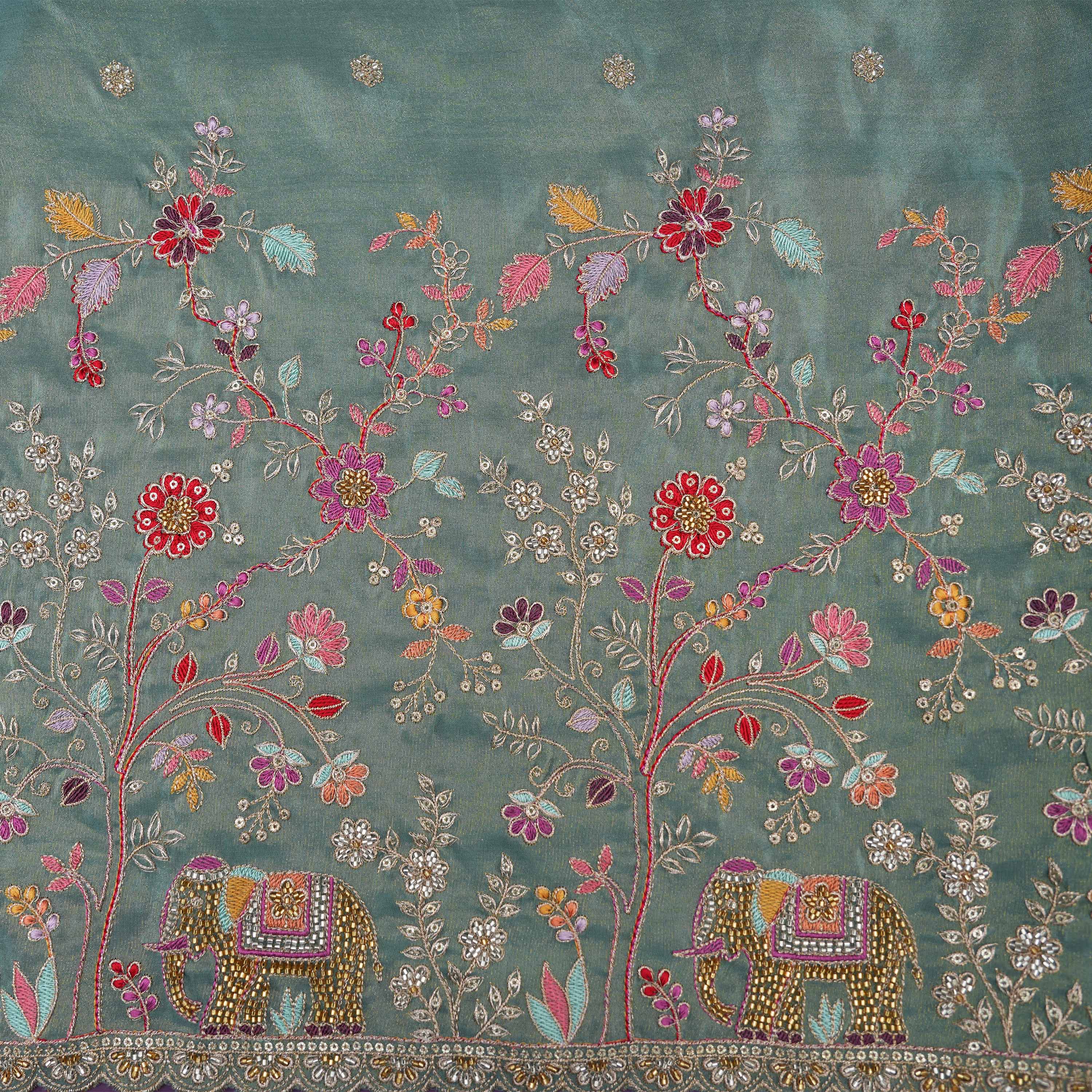 Spanish Green Yanai & Floral Embroidered Tissue Fabric