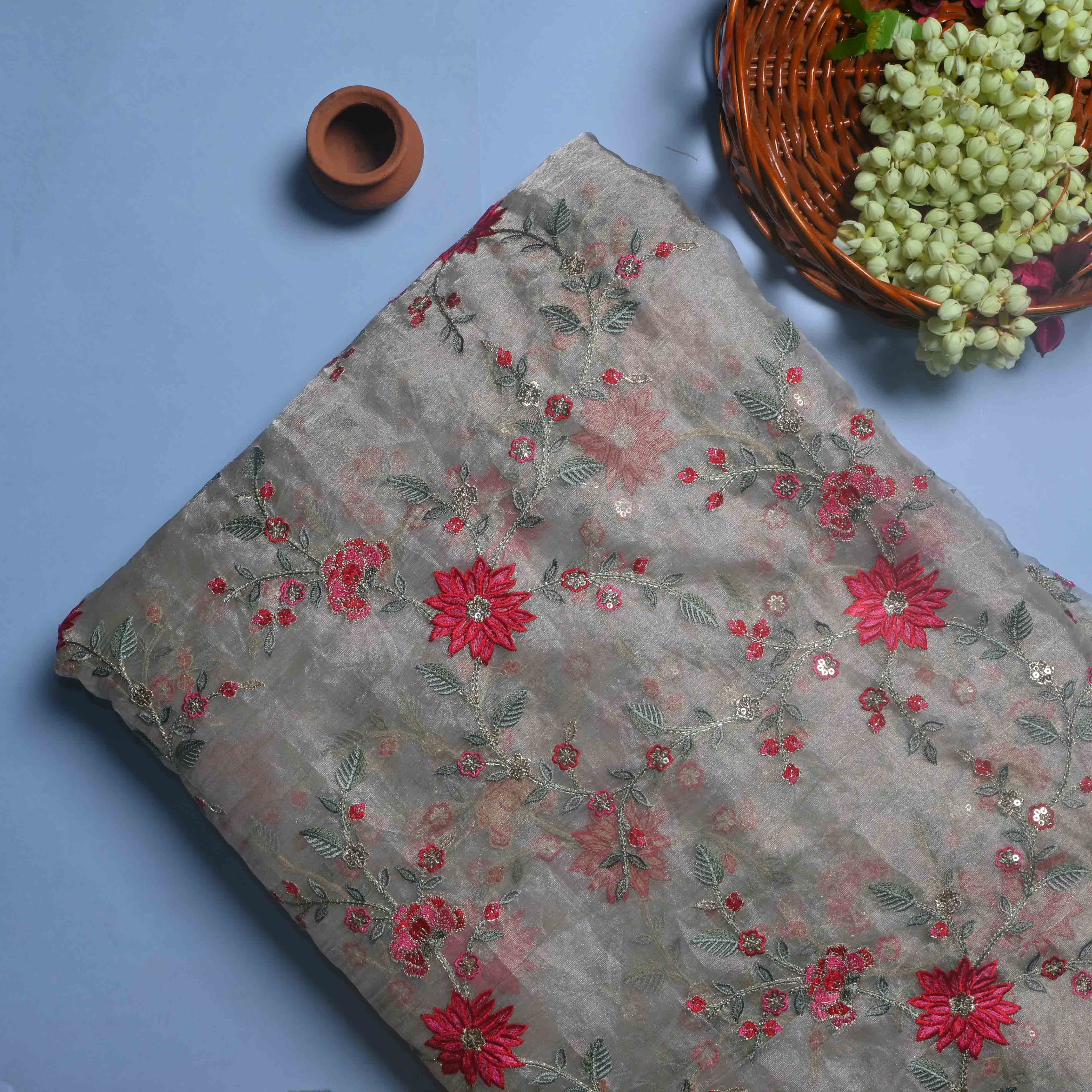 Royal Silver Tissue Embroidery Jaal Fabric