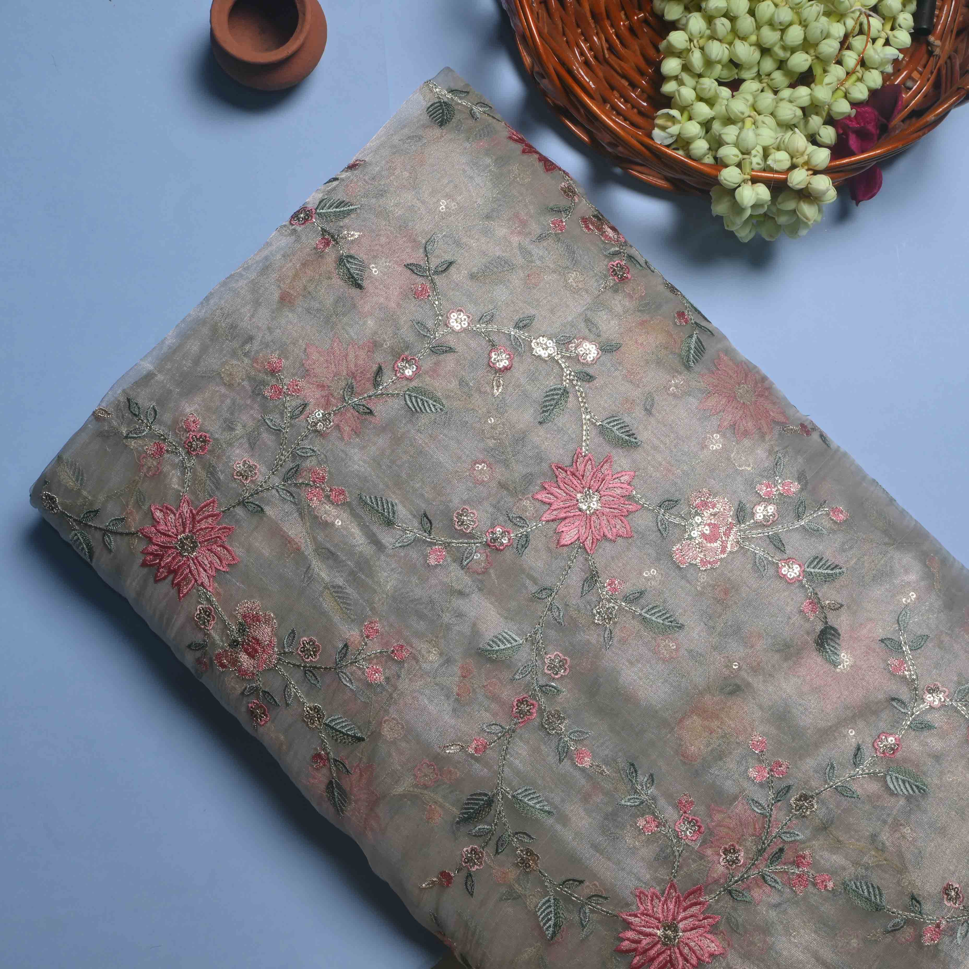Phillipine Silver Tissue Embroidery Jaal Fabric