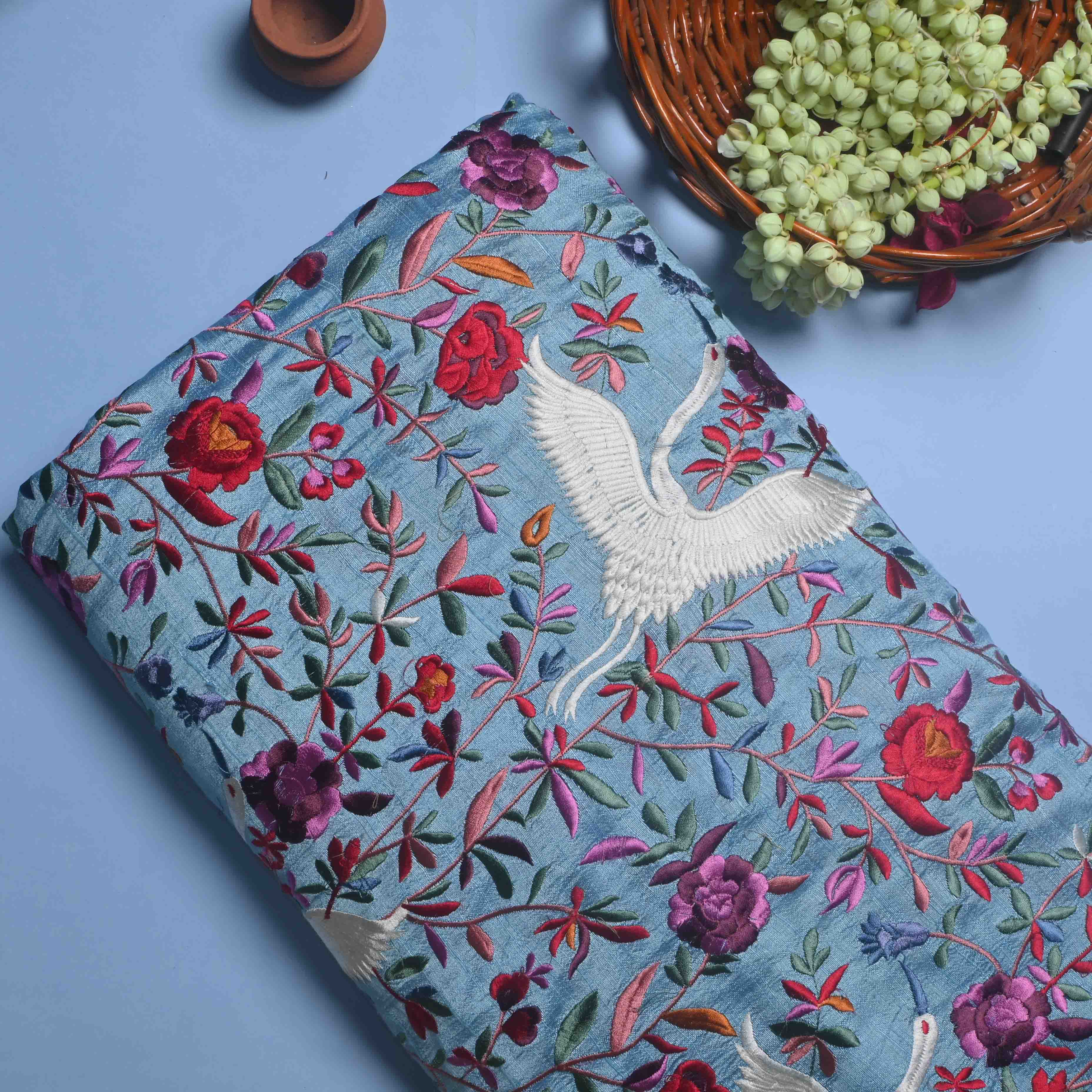 Sky Blue Parsi Embroidery Raw Silk Fabric