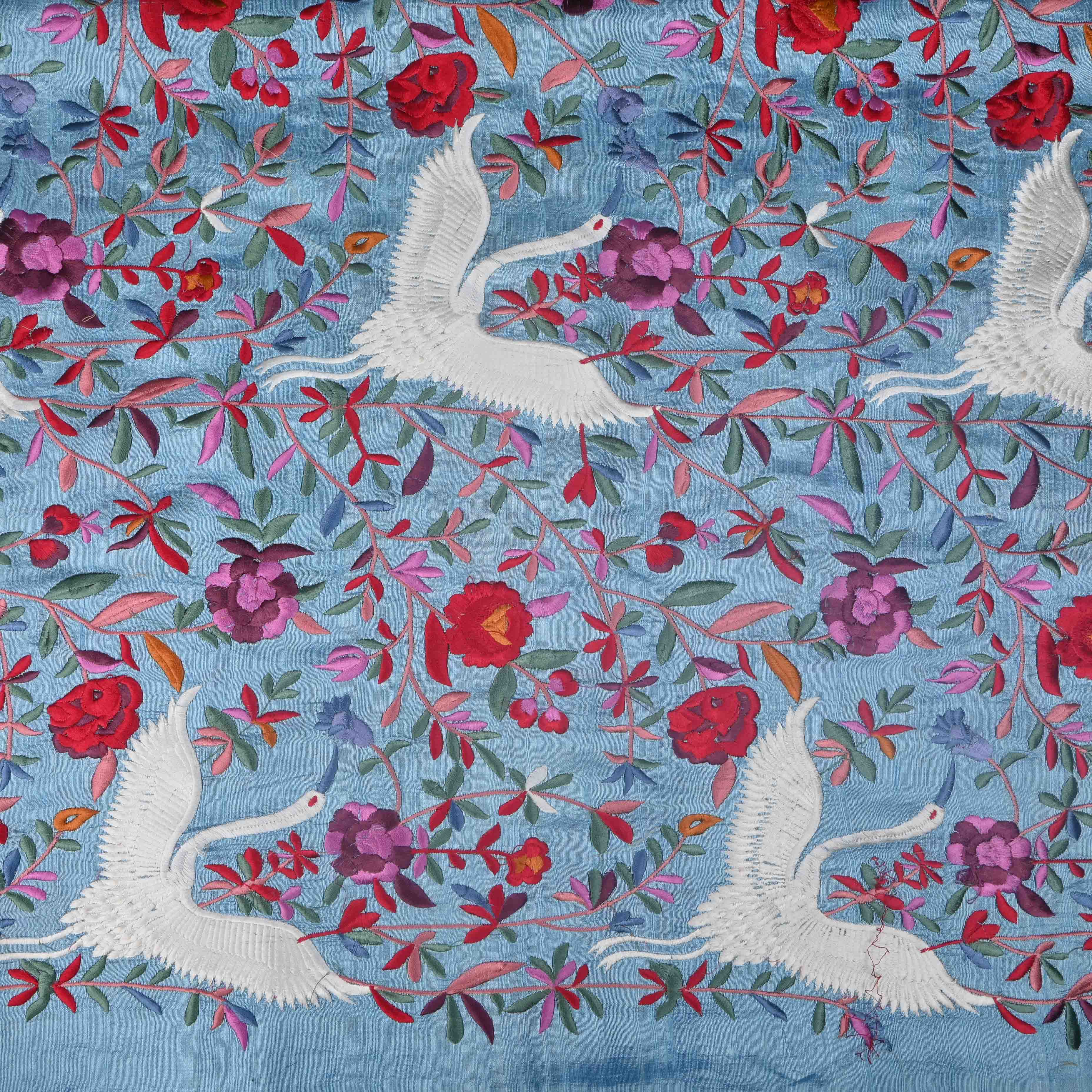 Sky Blue Parsi Embroidery Raw Silk Fabric