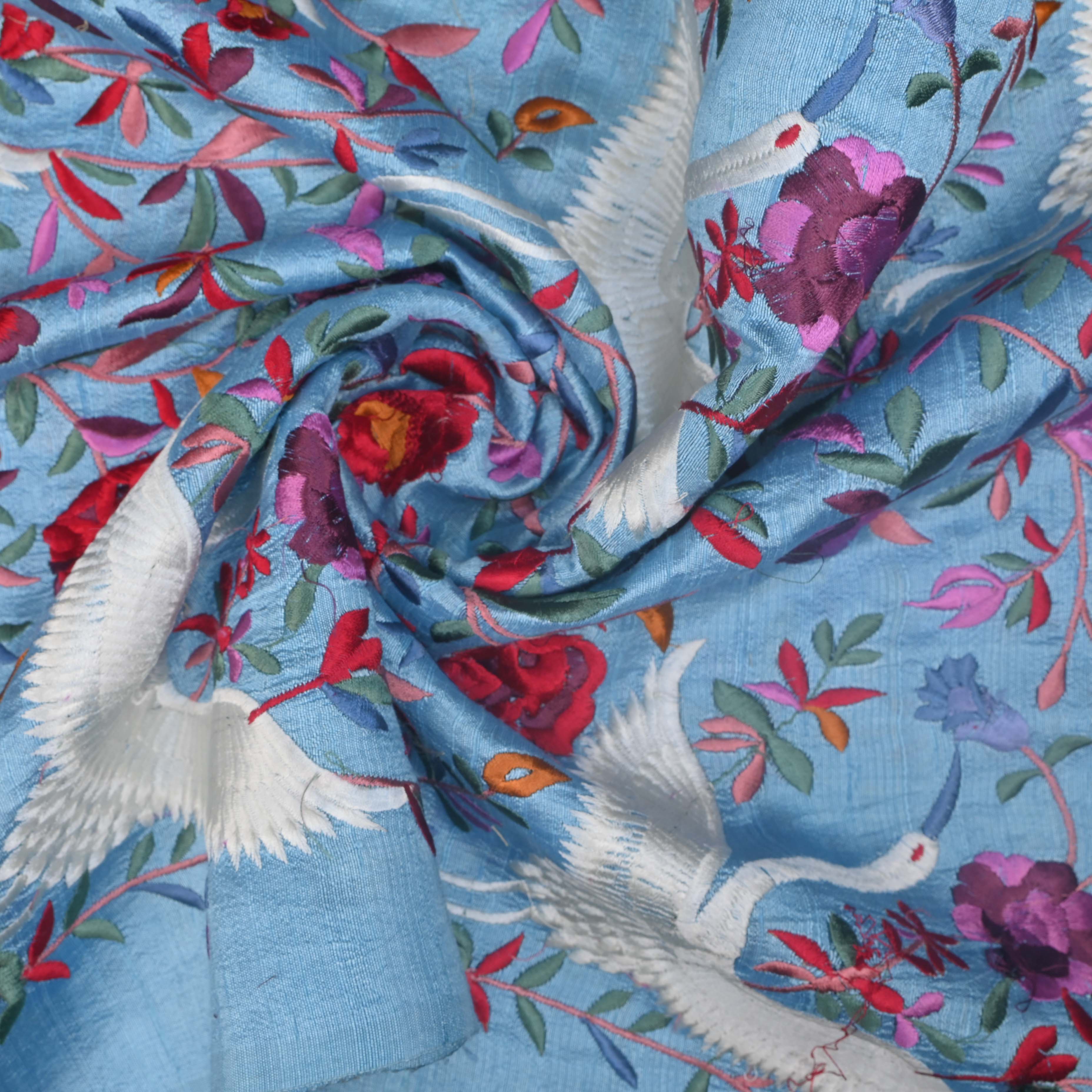 Sky Blue Parsi Embroidery Raw Silk Fabric