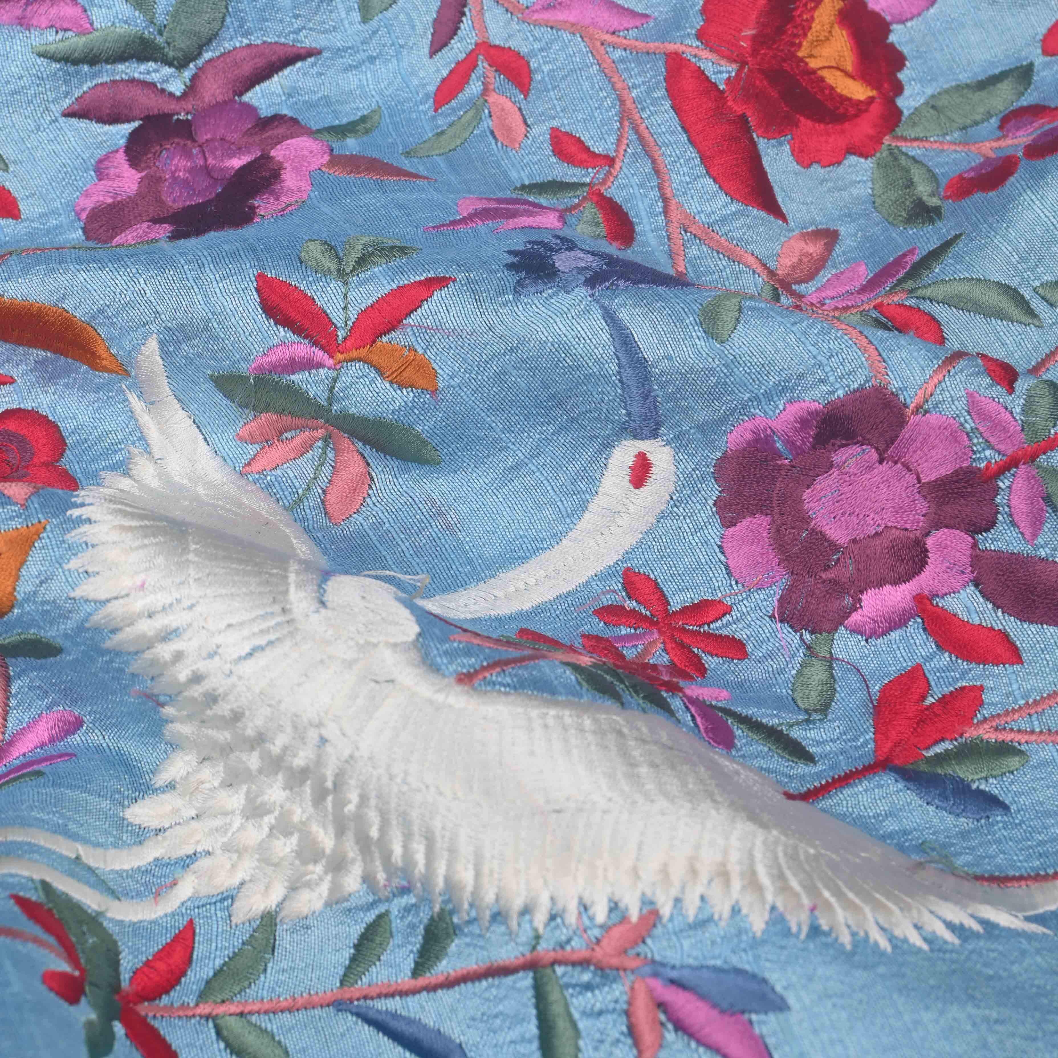 Sky Blue Parsi Embroidery Raw Silk Fabric