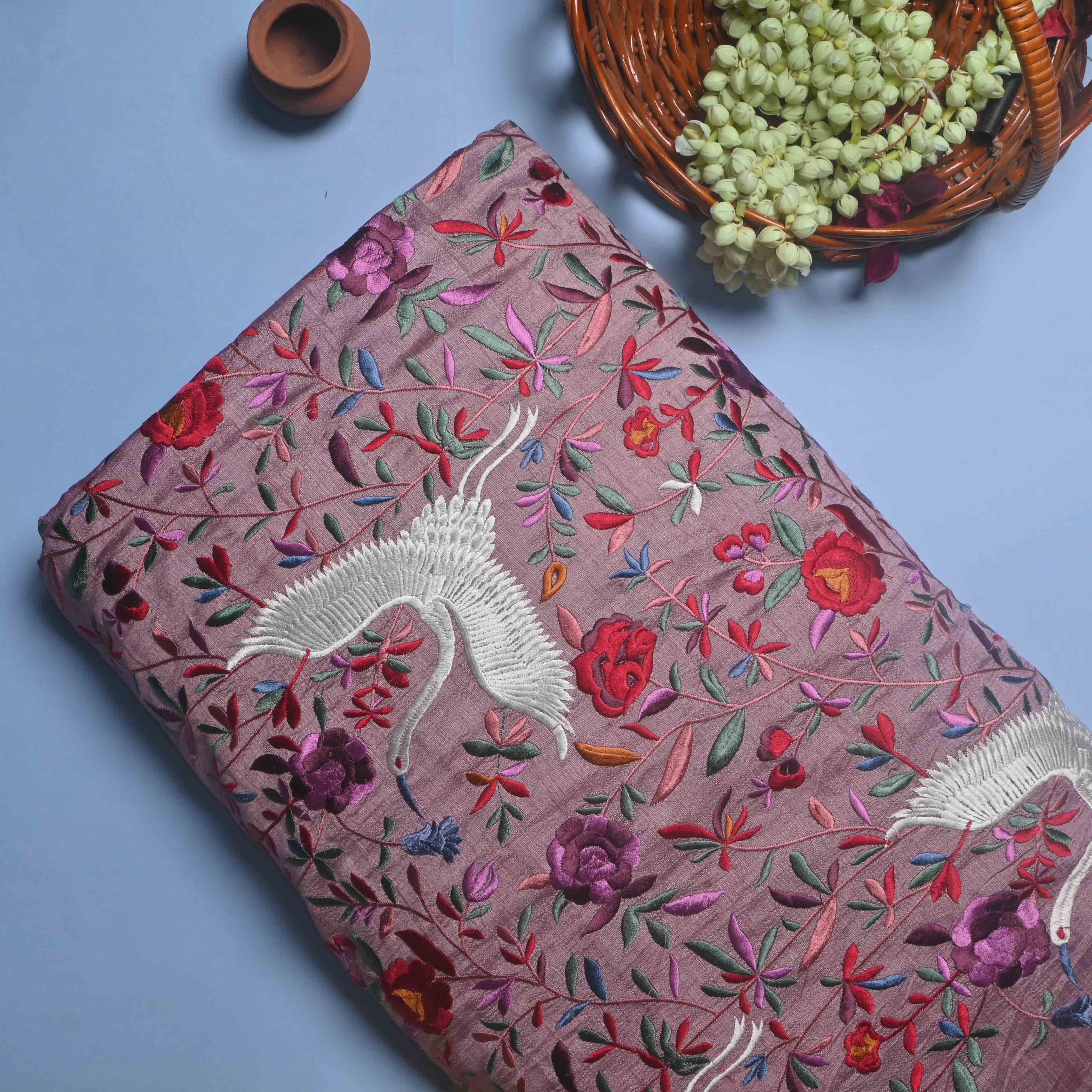 Puce Pink Parsi Embroidery Raw Silk Fabric