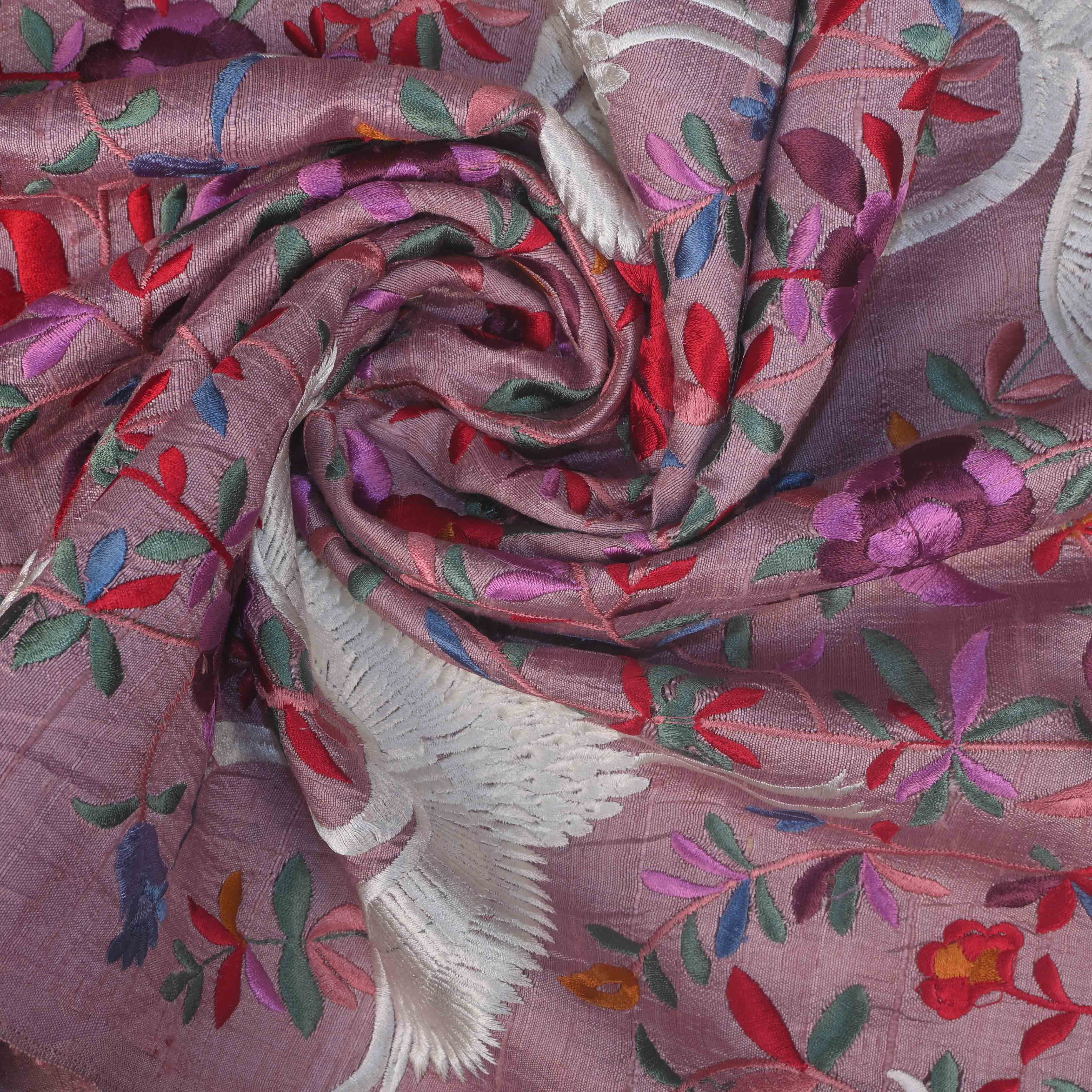 Puce Pink Parsi Embroidery Raw Silk Fabric