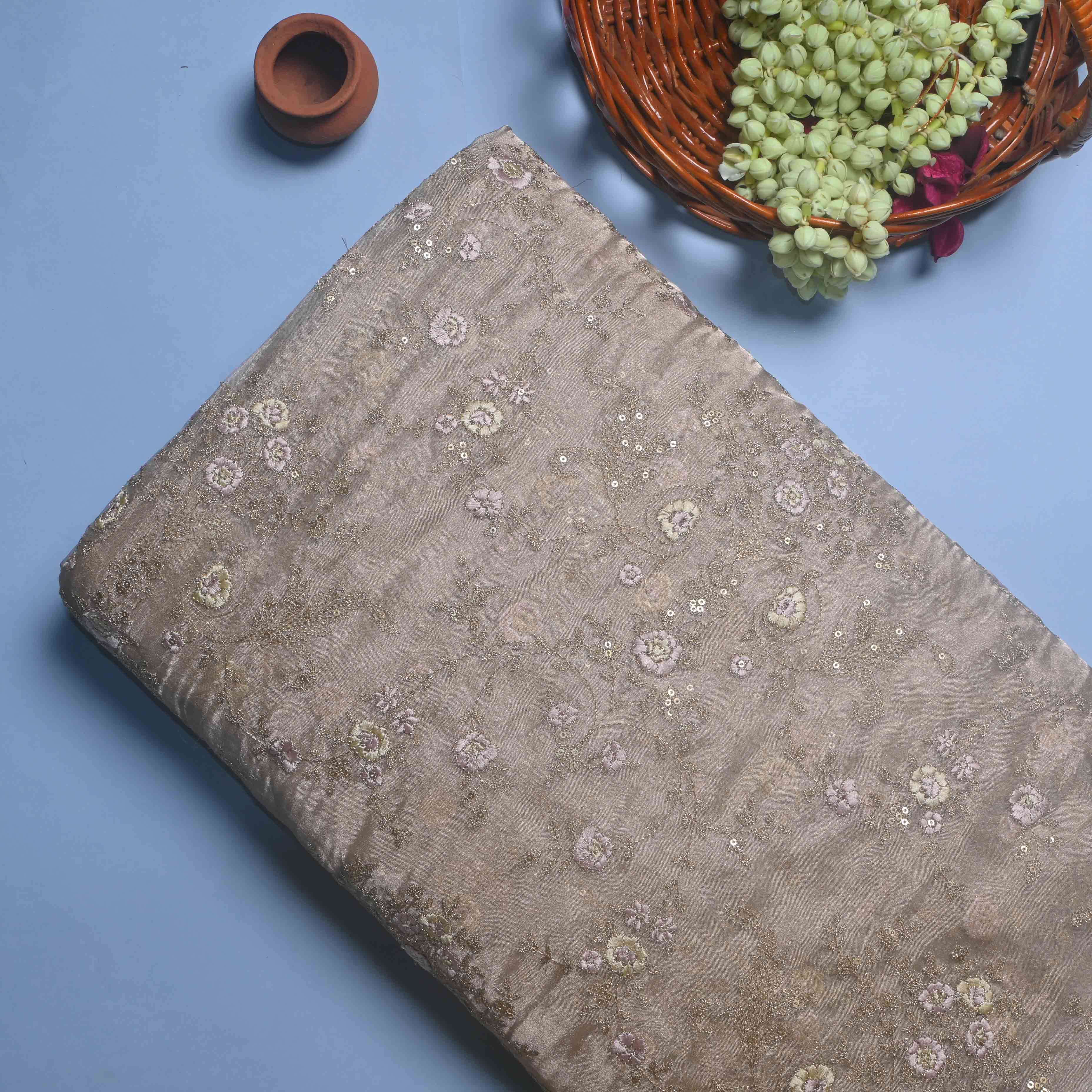 Pale Silver Tissue Embroidery Jaal Fabric
