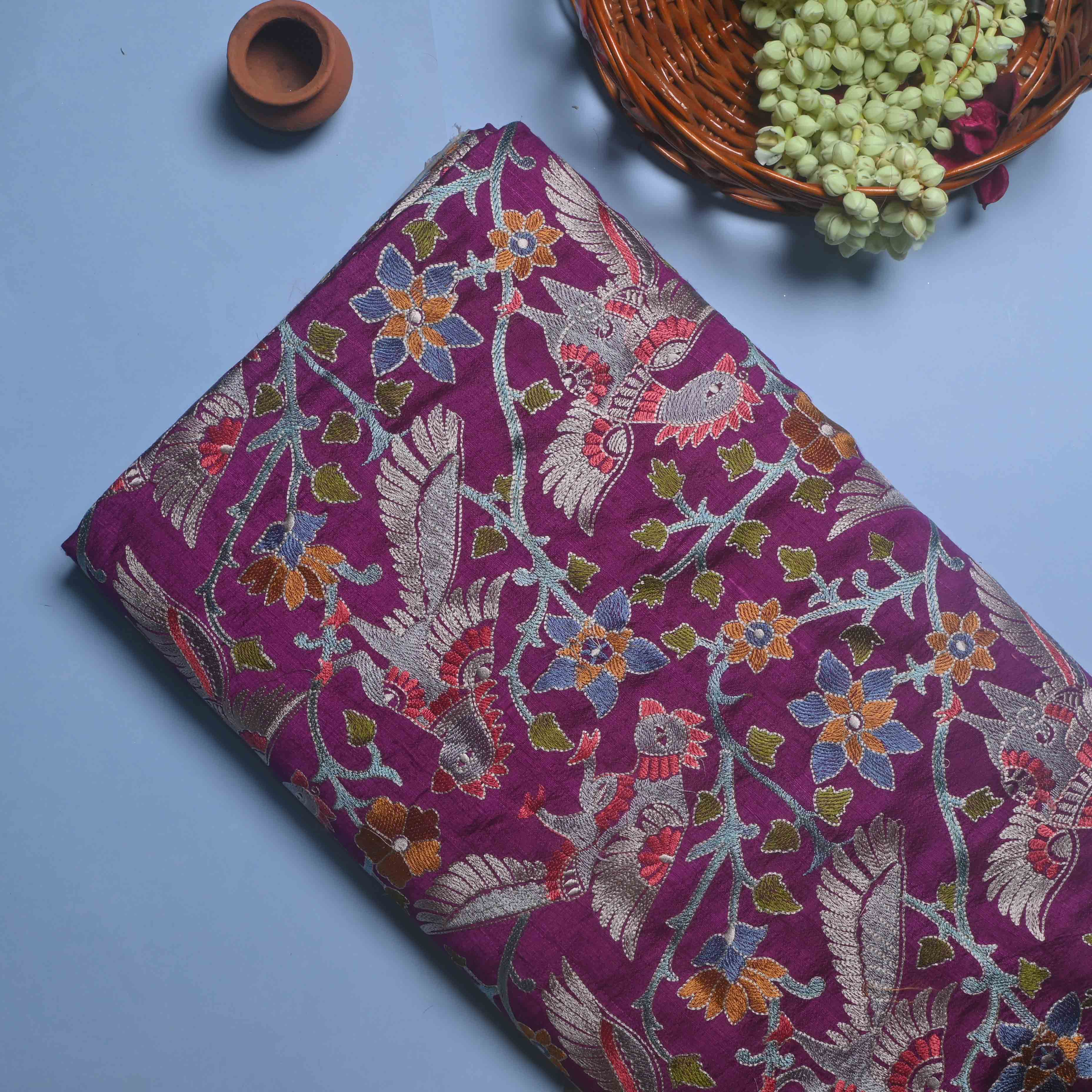 Traditional Purple Parsi Embroidery Raw Silk Fabric