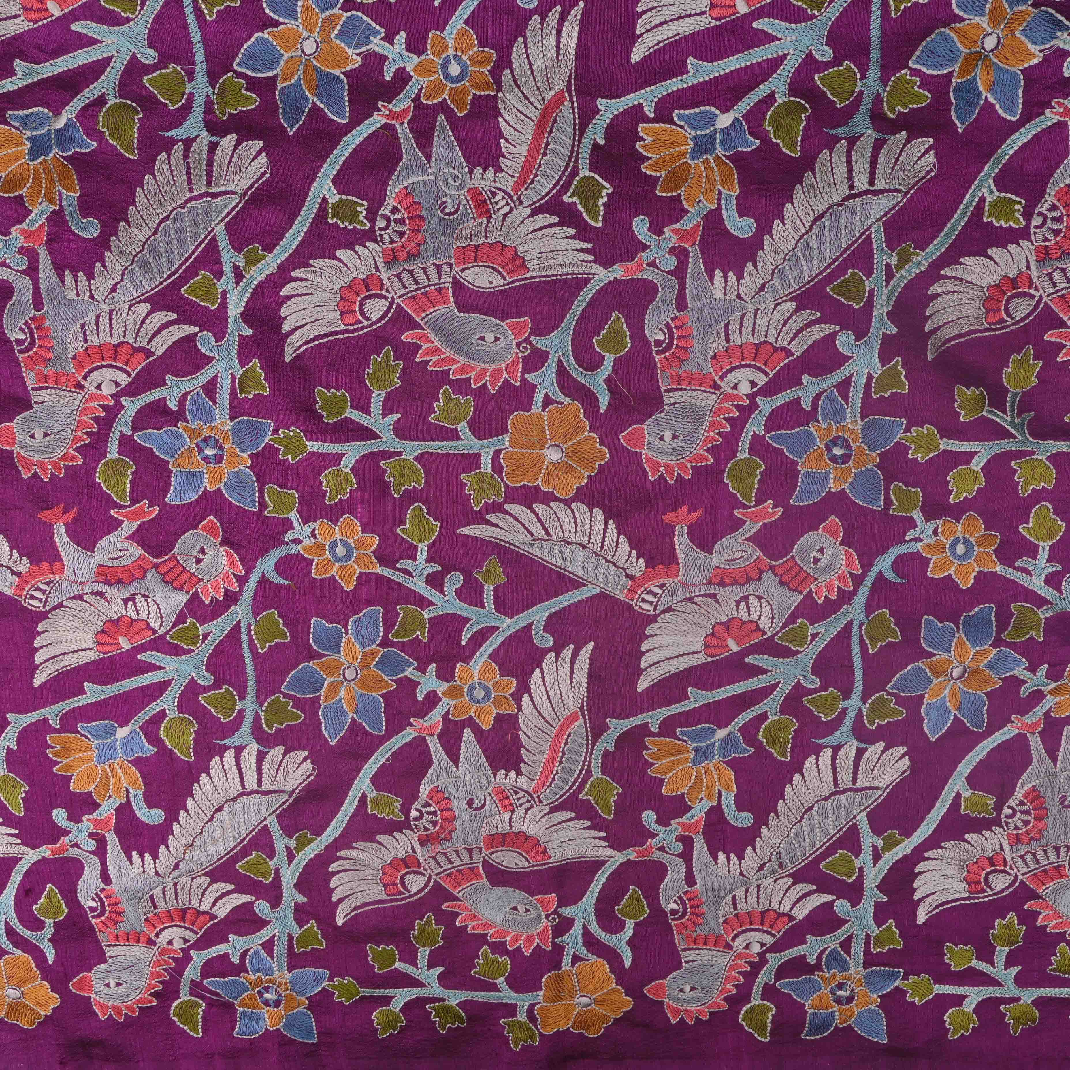 Traditional Purple Parsi Embroidery Raw Silk Fabric