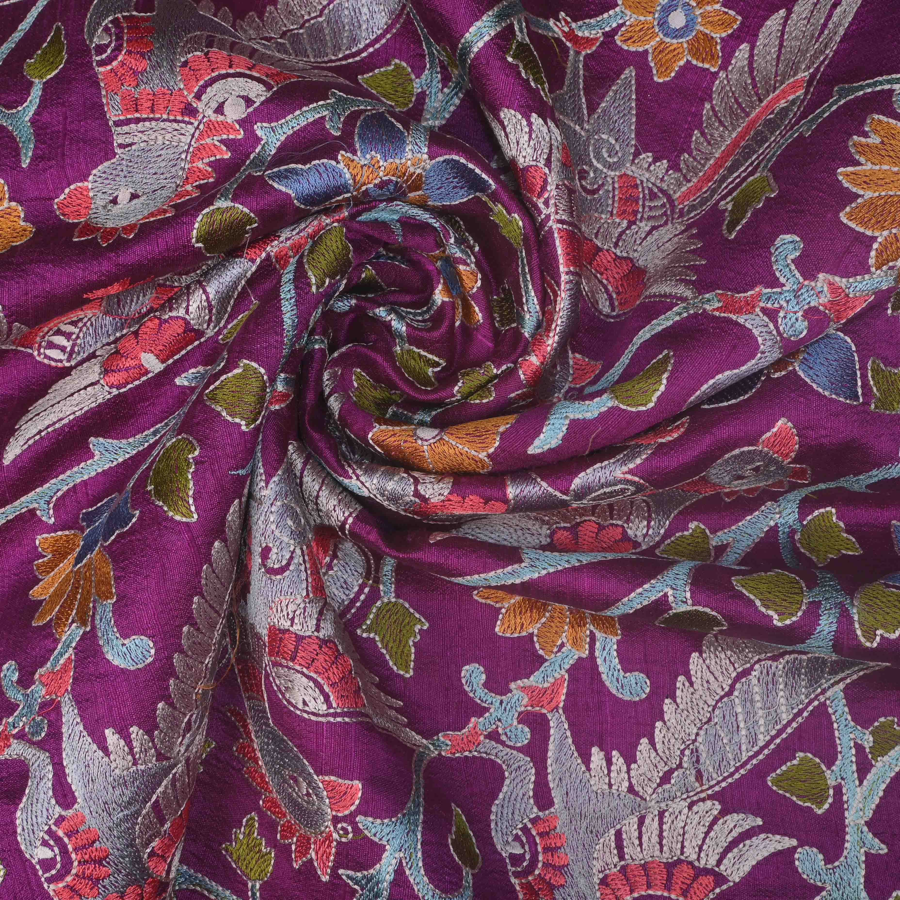 Traditional Purple Parsi Embroidery Raw Silk Fabric