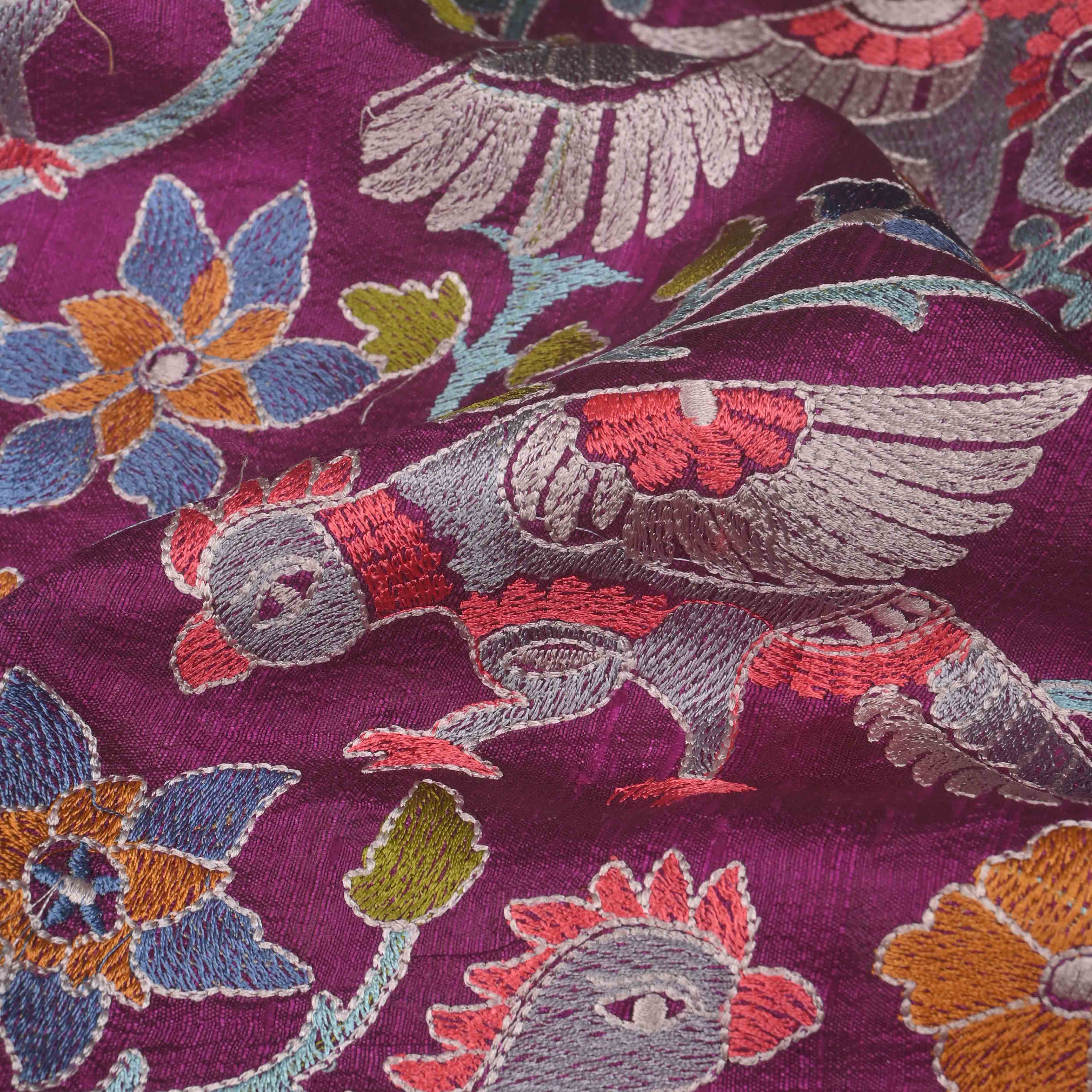 Traditional Purple Parsi Embroidery Raw Silk Fabric