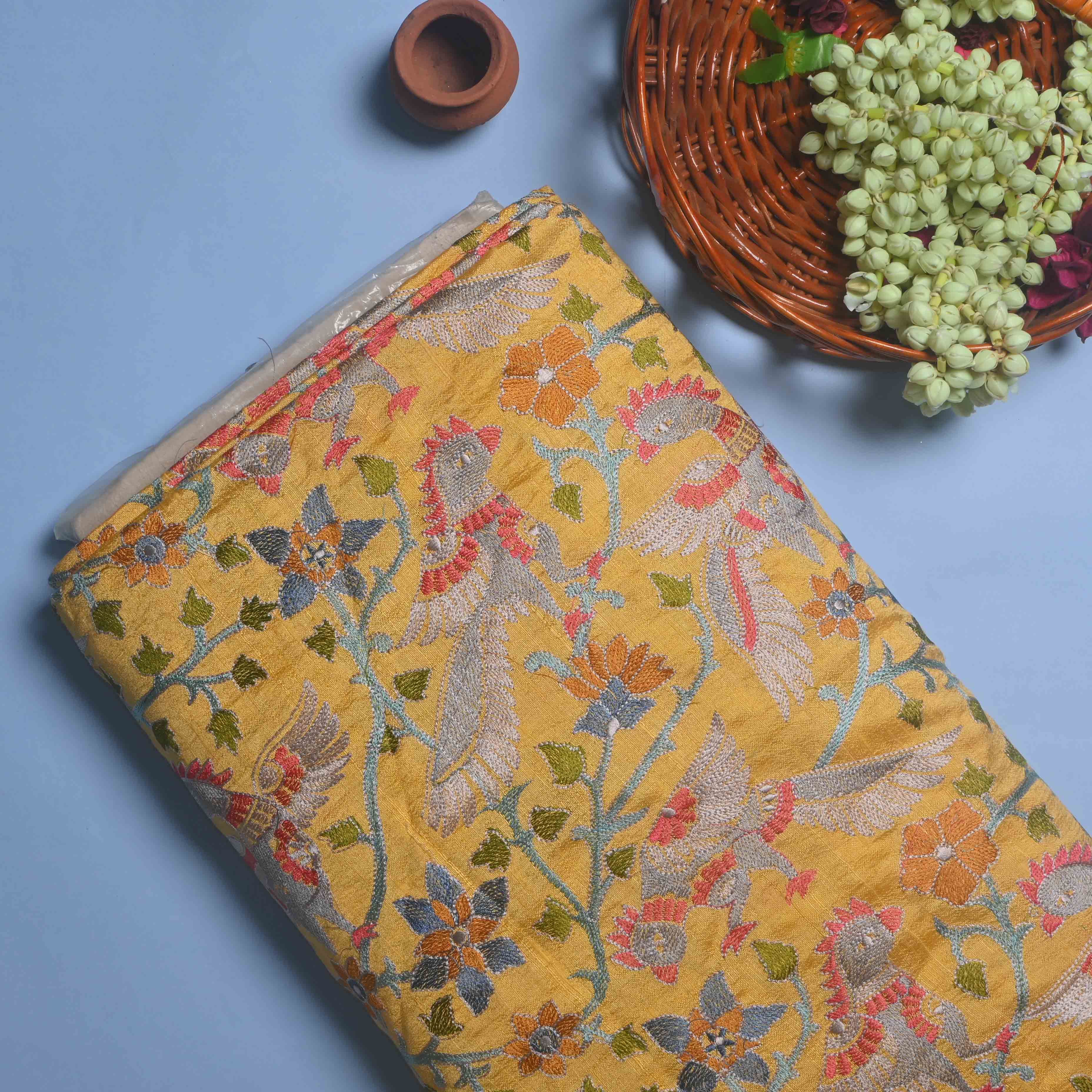 Macroon Yellow Parsi Embroidery Raw Silk Fabric