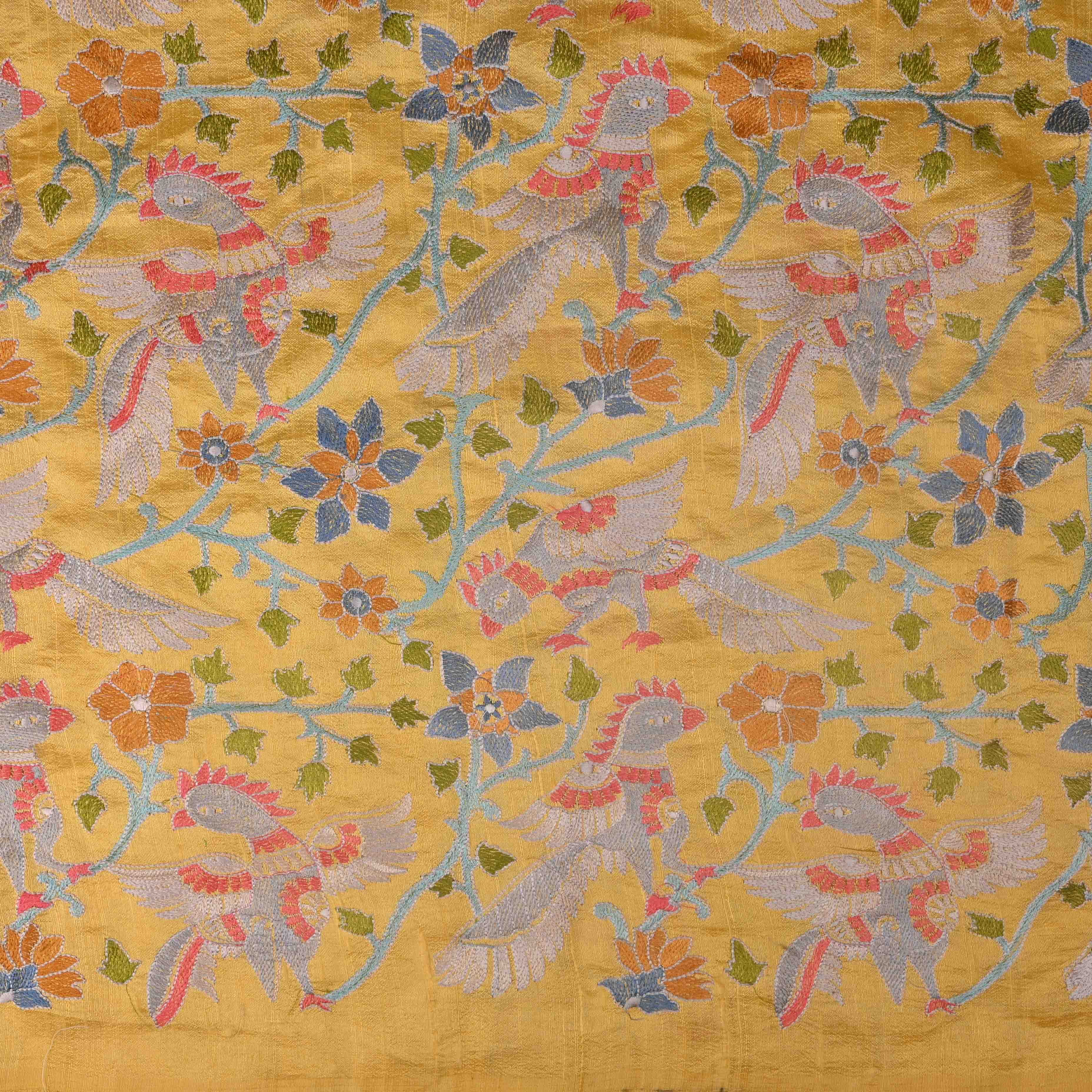 Macroon Yellow Parsi Embroidery Raw Silk Fabric