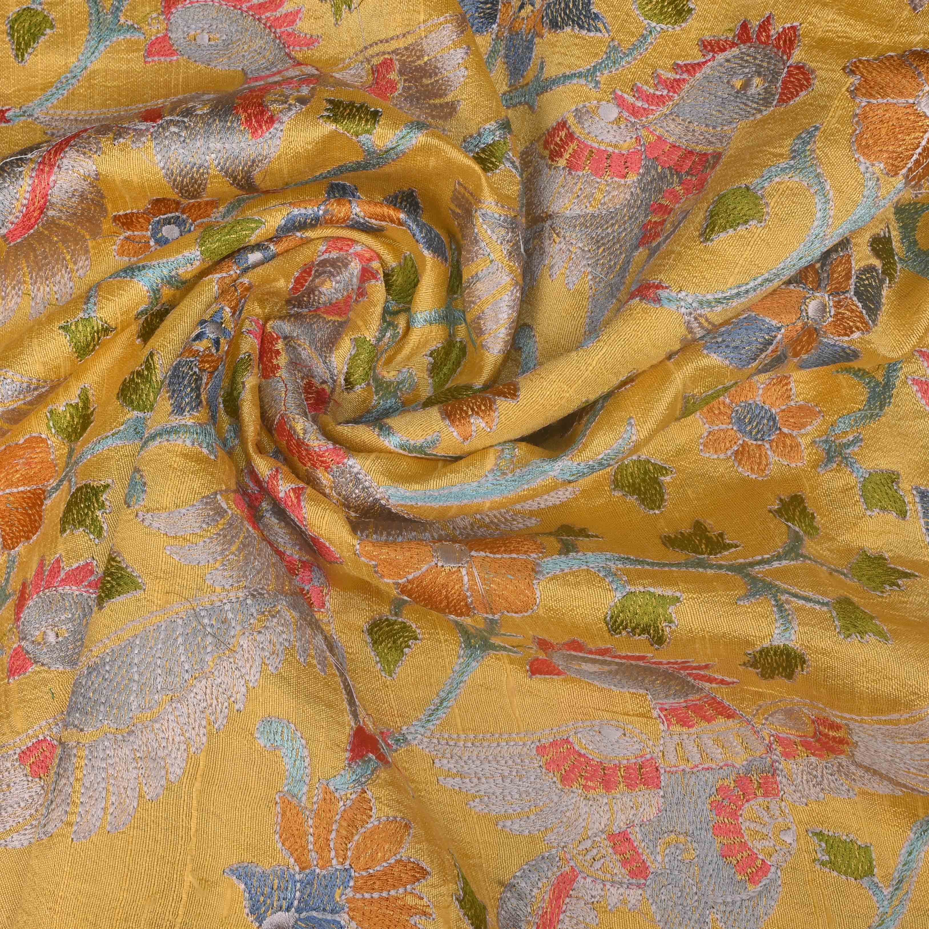 Macroon Yellow Parsi Embroidery Raw Silk Fabric