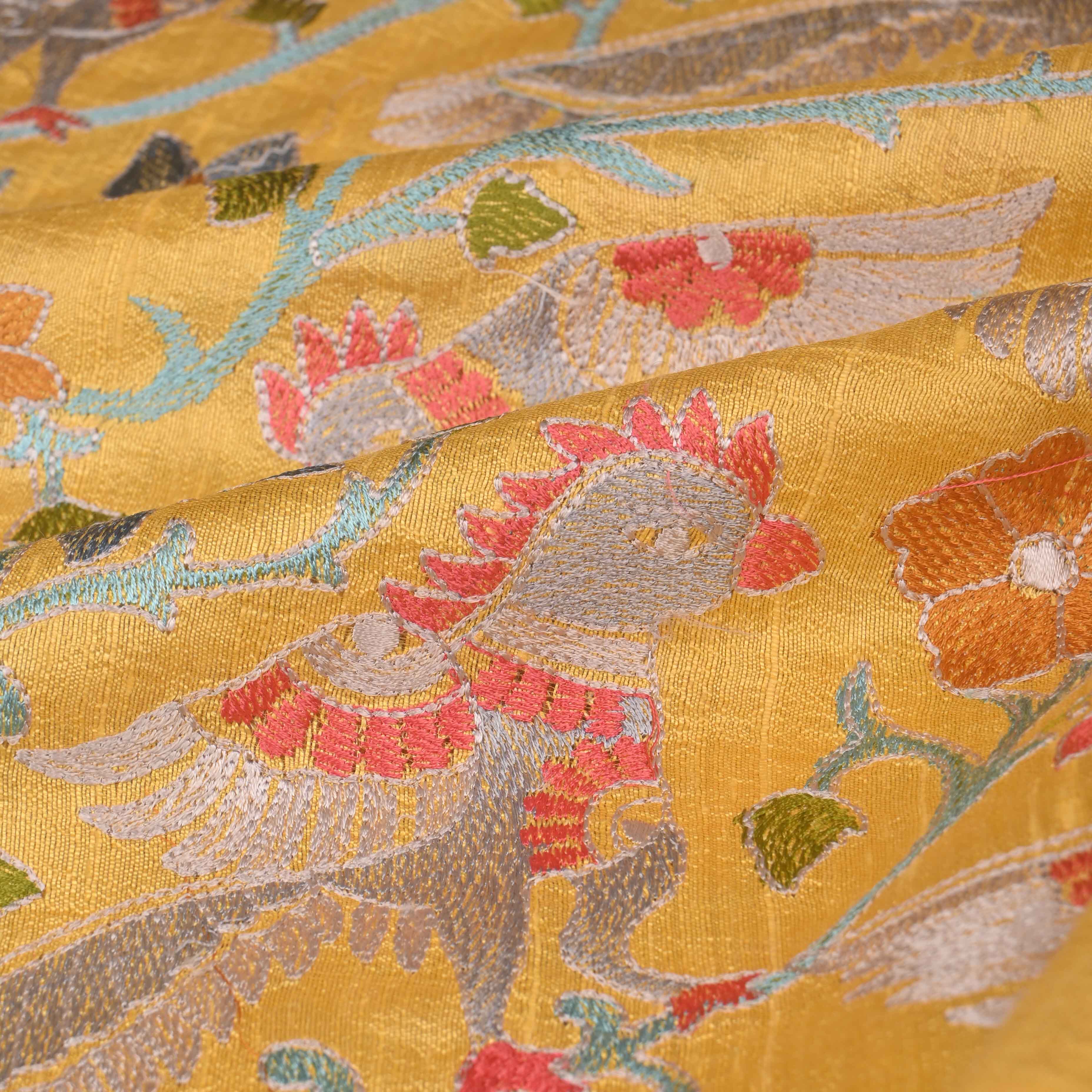 Macroon Yellow Parsi Embroidery Raw Silk Fabric