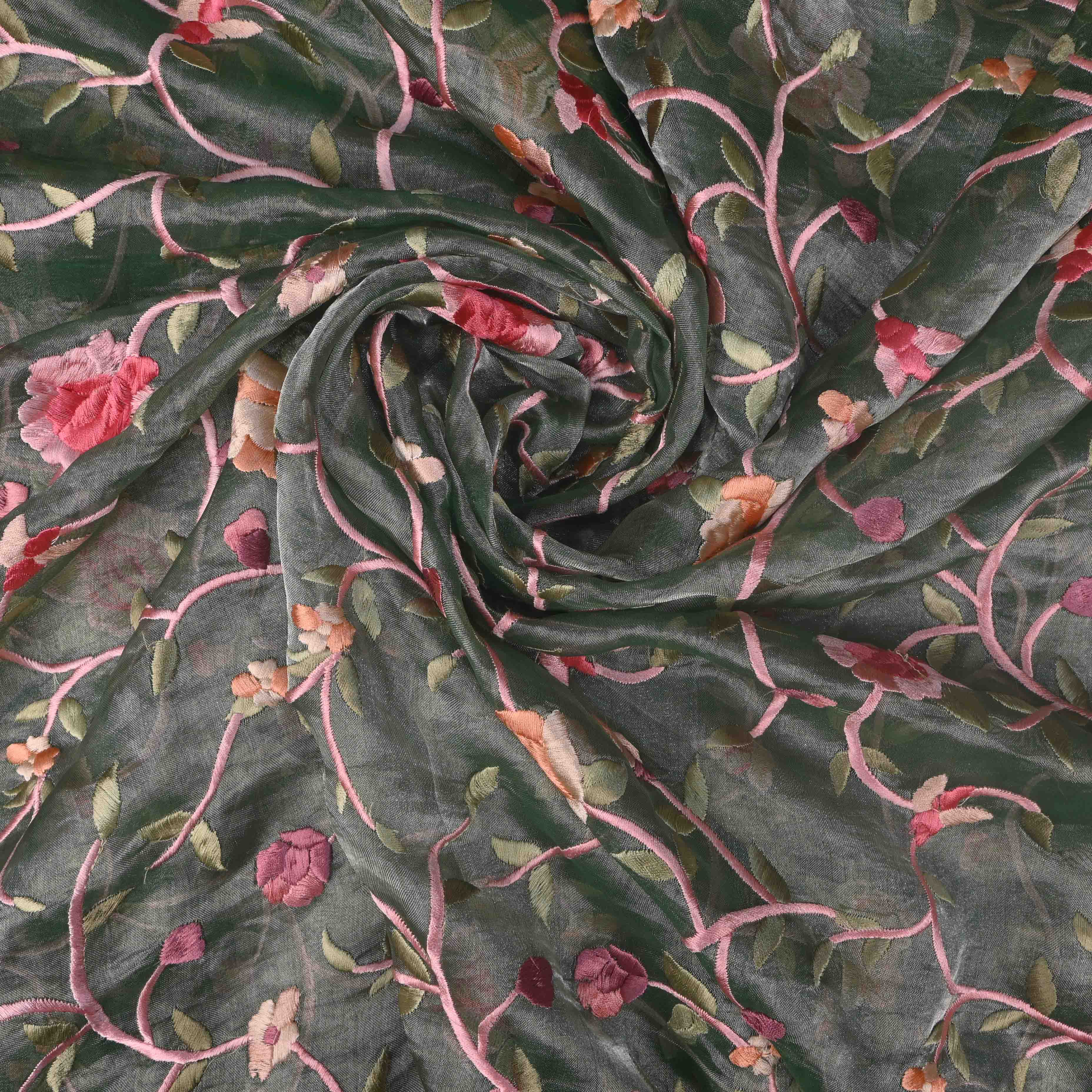 Bottle Green Thread Embroidery Tissue Fabric