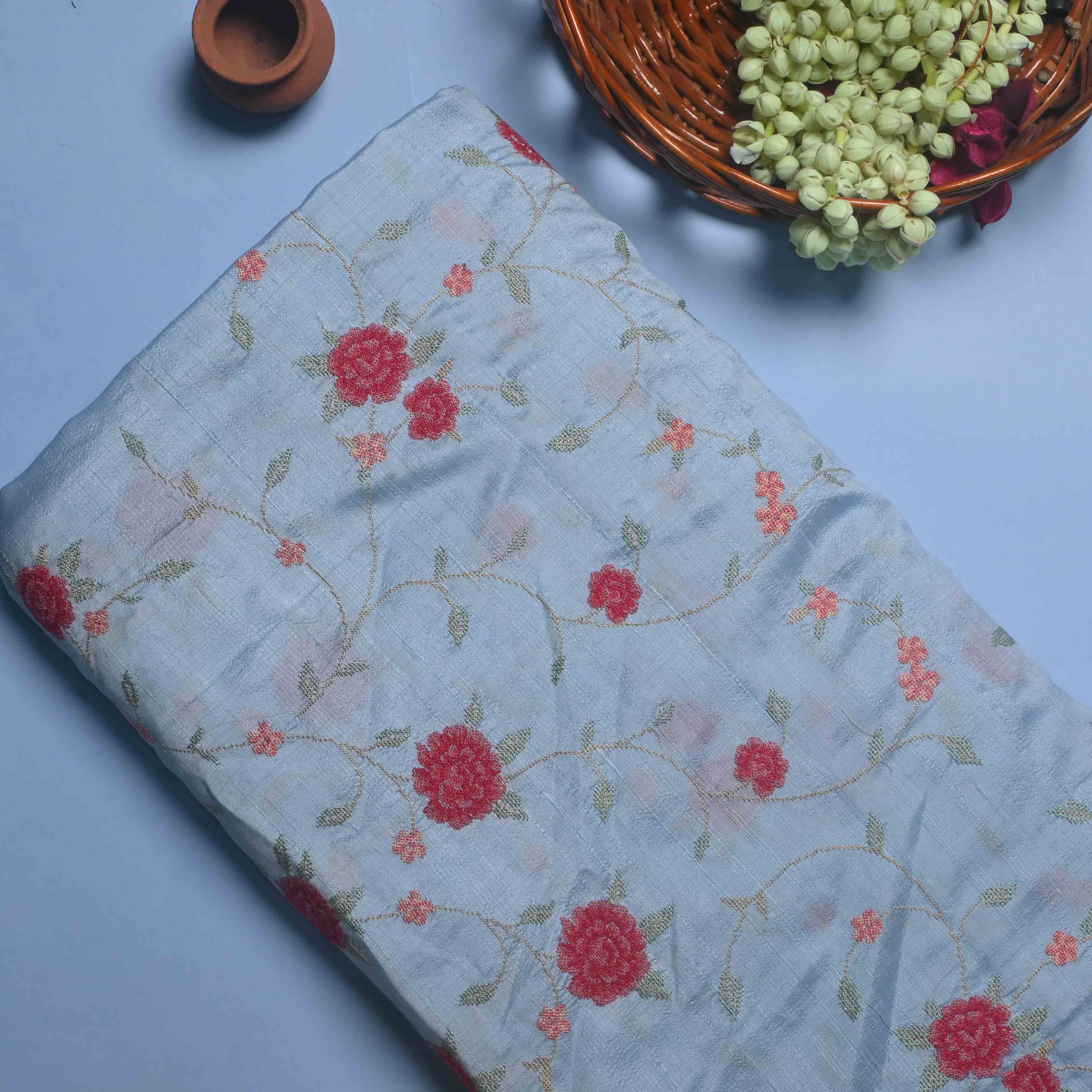 Soft Blue Rawsilk Embroidery Jaal Fabric