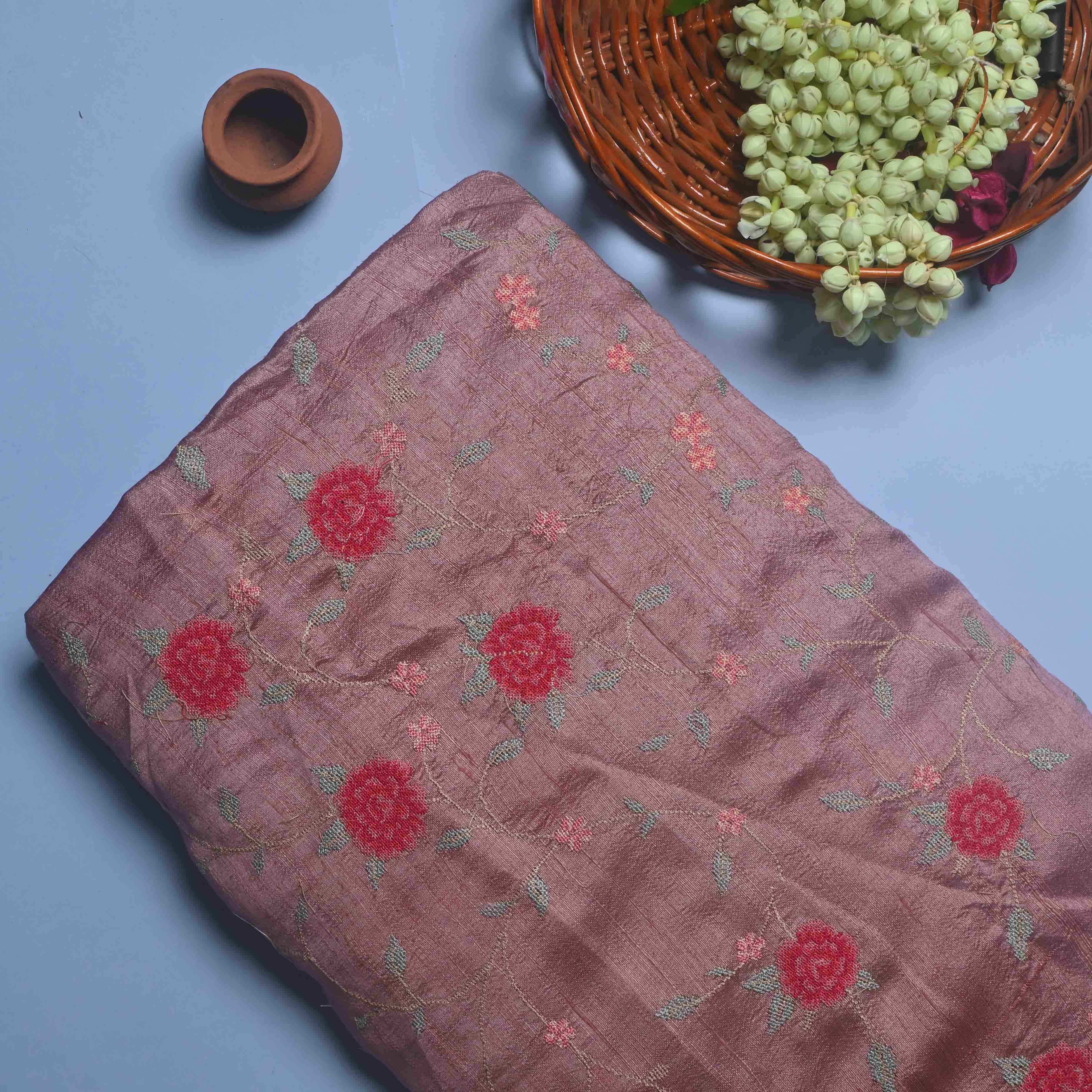 Puce Pink Rawsilk Embroidery Jaal Fabric