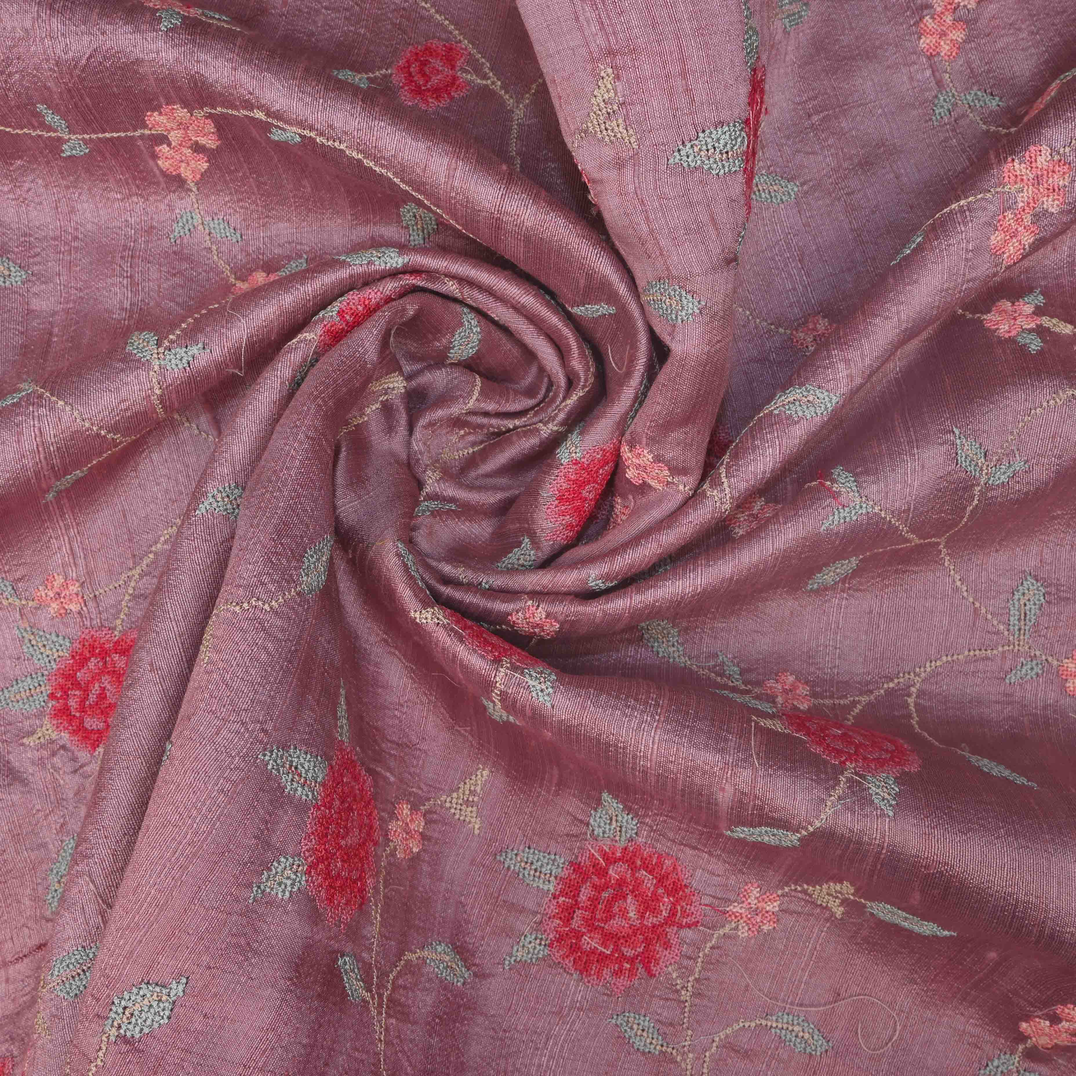 Puce Pink Raw Silk Embroidery Jaal Fabric