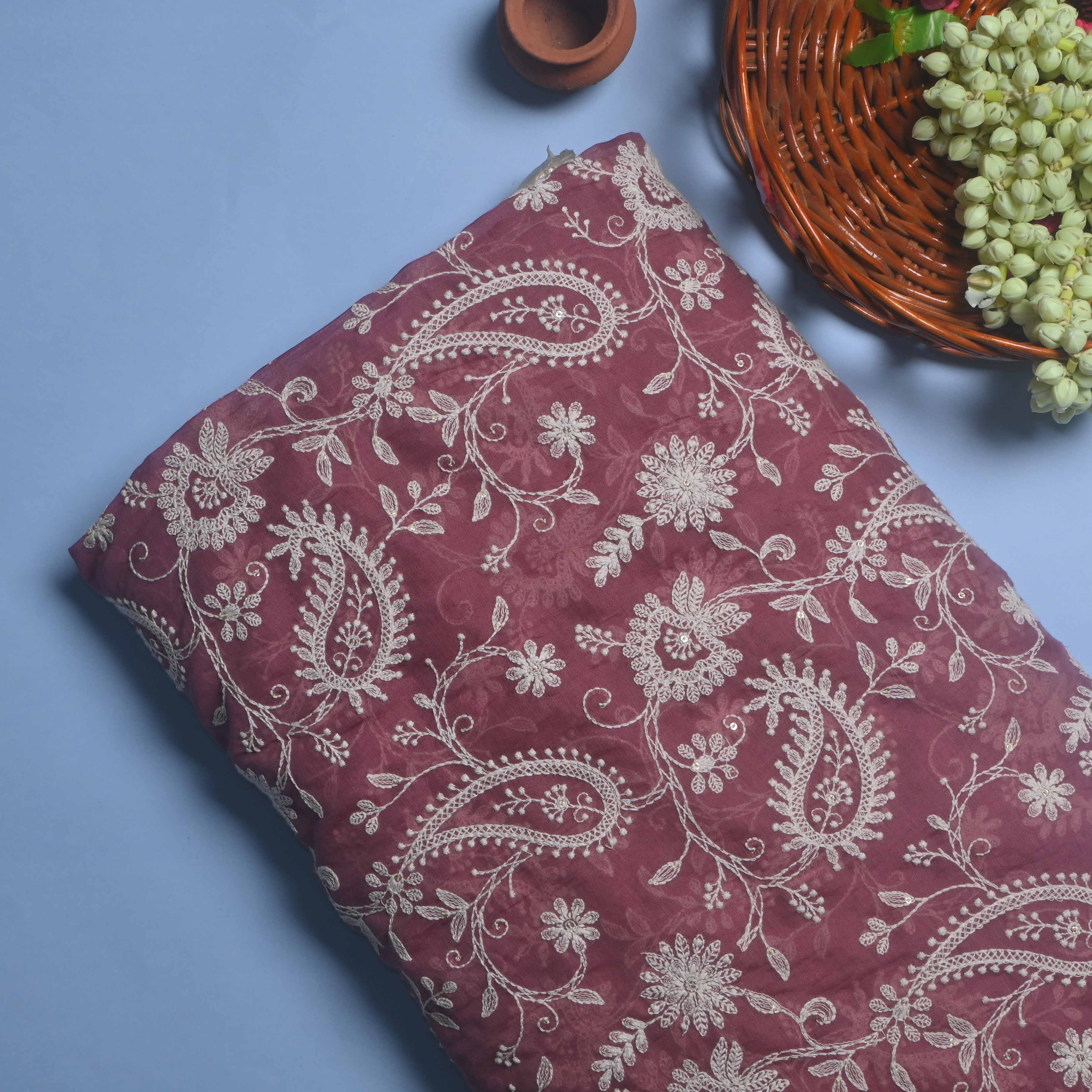 Rouge Pink Lucknowi Chanderi Fabric With Embroidery