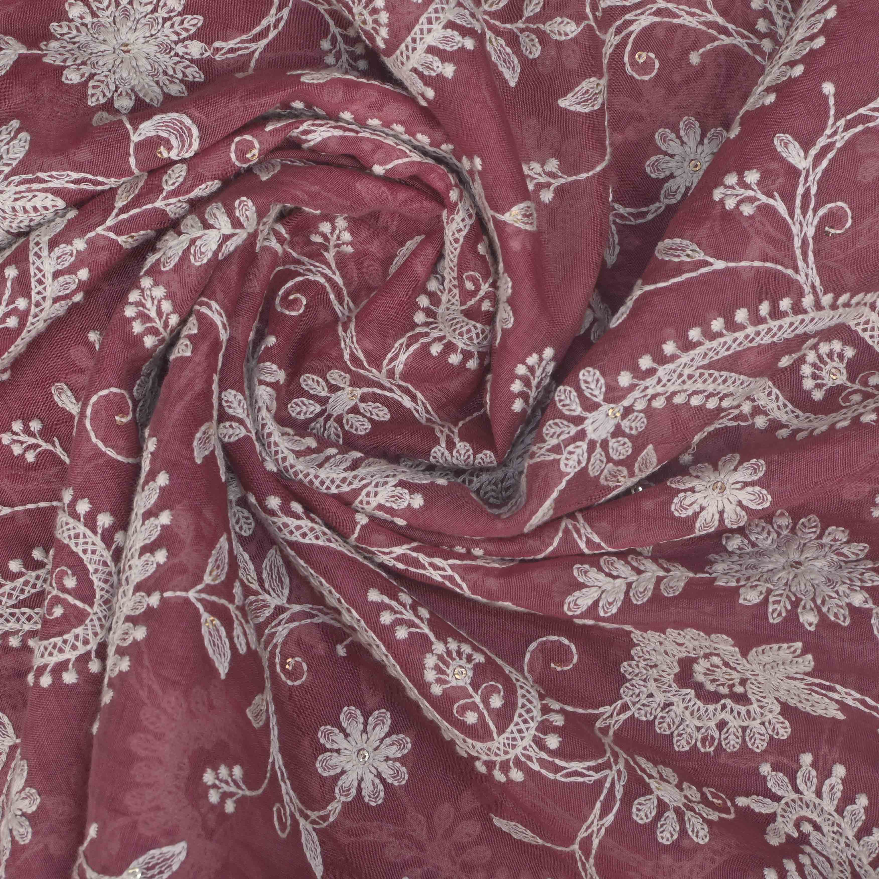 Rouge Pink Lucknowi Chanderi Fabric With Embroidery