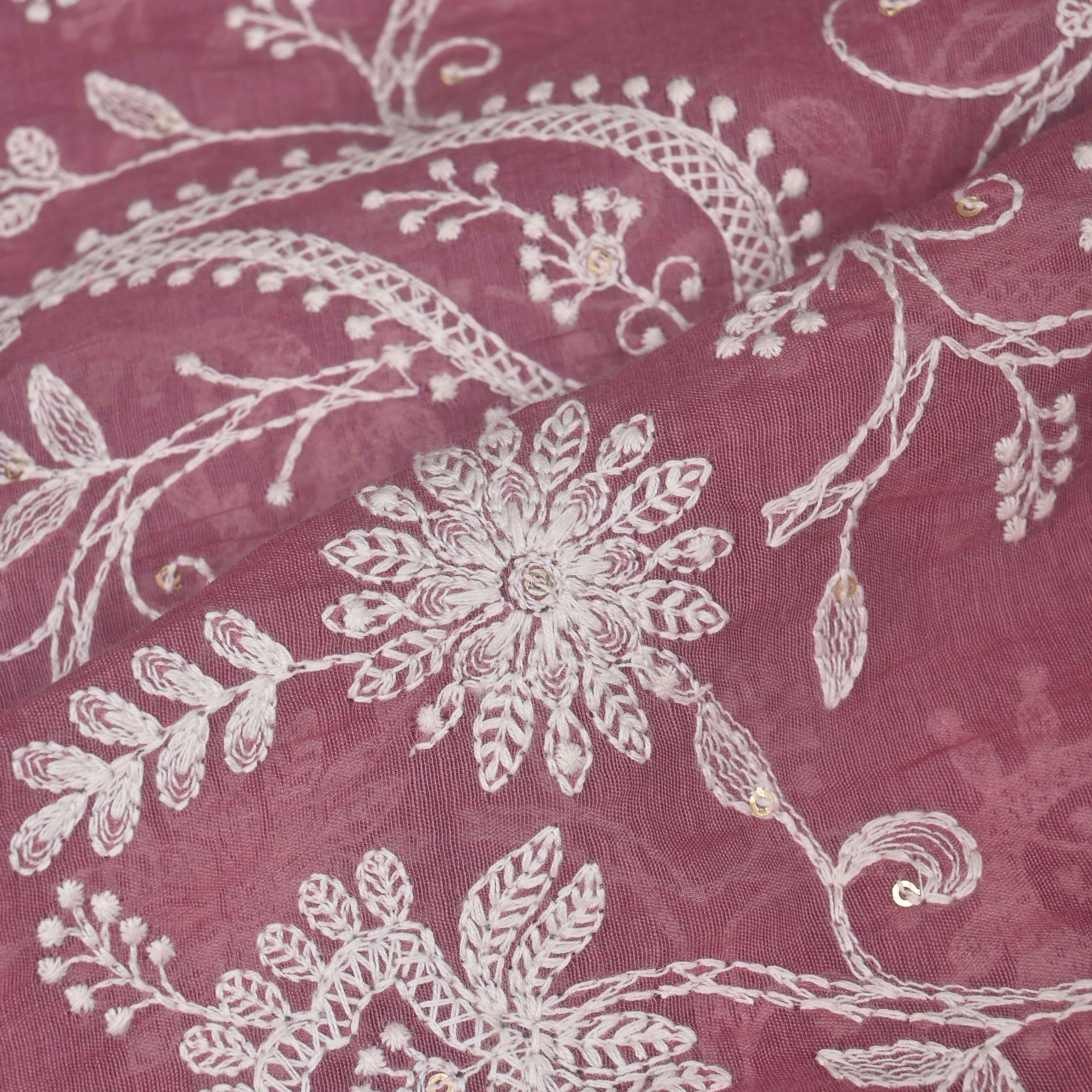 Rouge Pink Lucknowi Chanderi Fabric With Embroidery