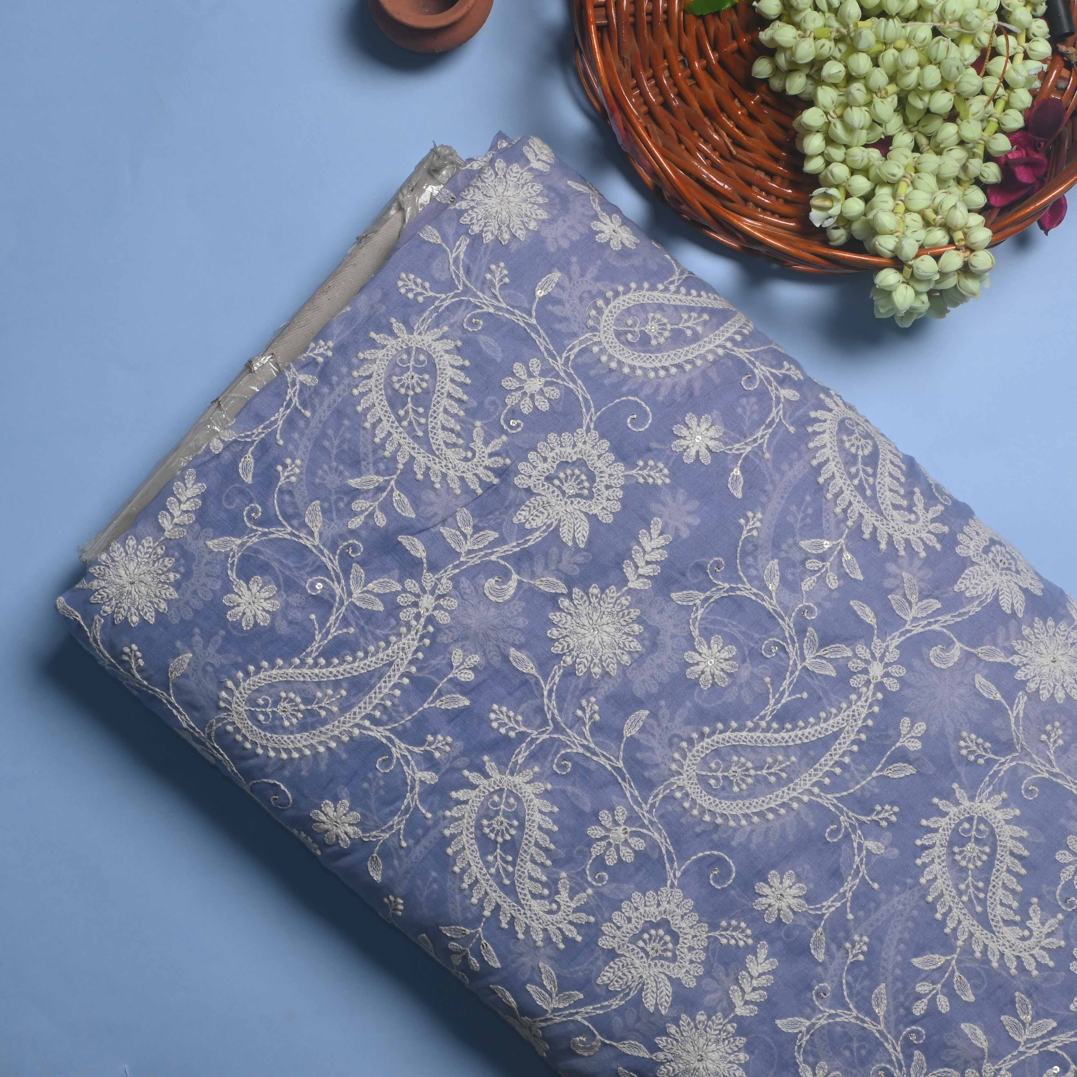 Nikko Blue Lucknowi Chanderi Fabric With Embroidery