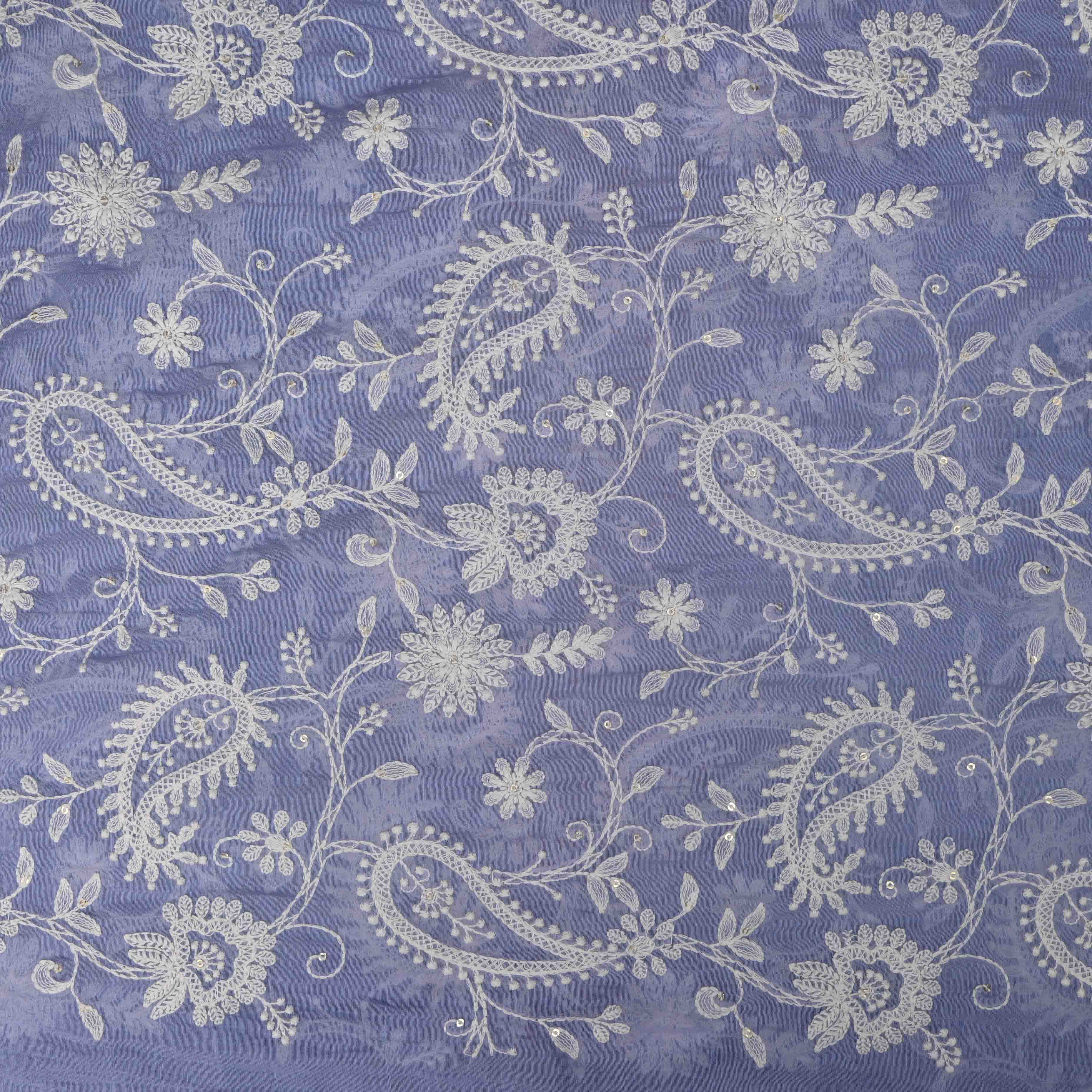 Nikko Blue Lucknowi Chanderi Fabric With Embroidery