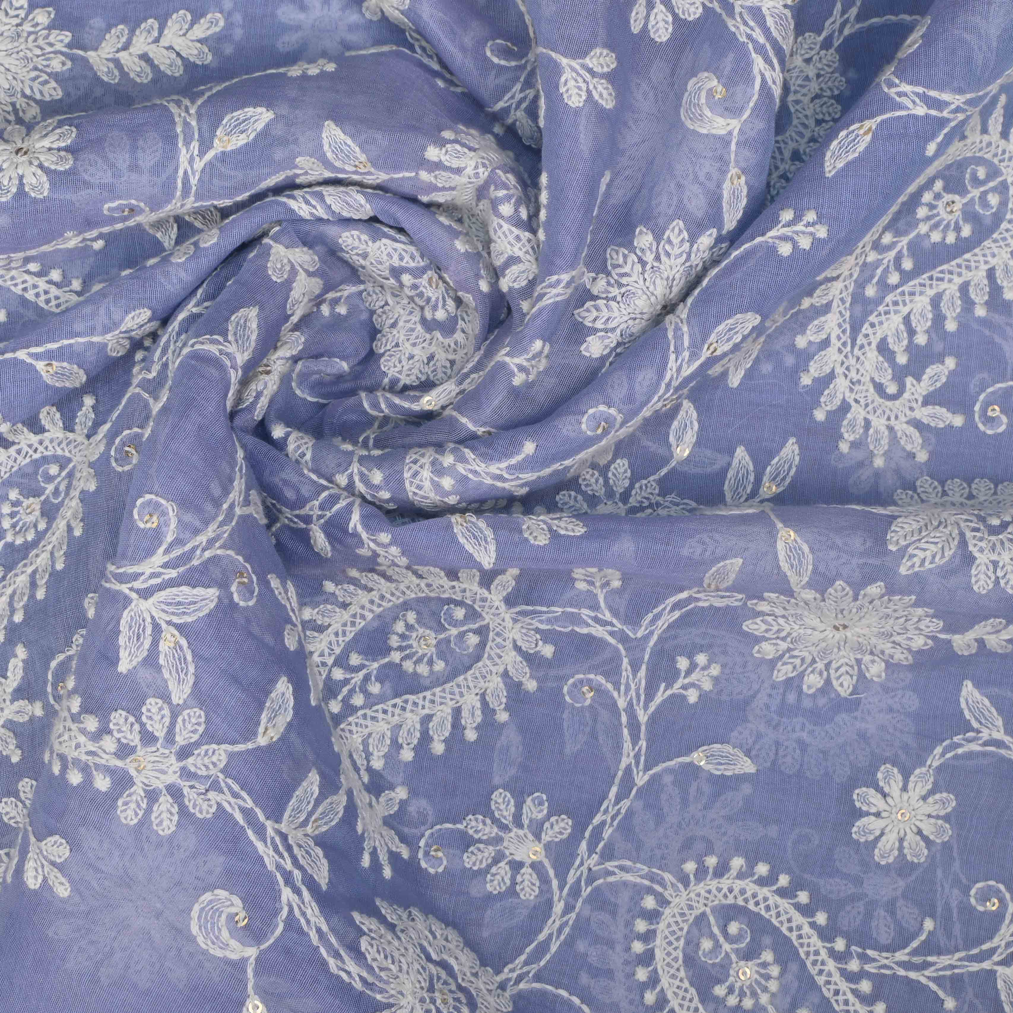 Nikko Blue Lucknowi Chanderi Fabric With Embroidery