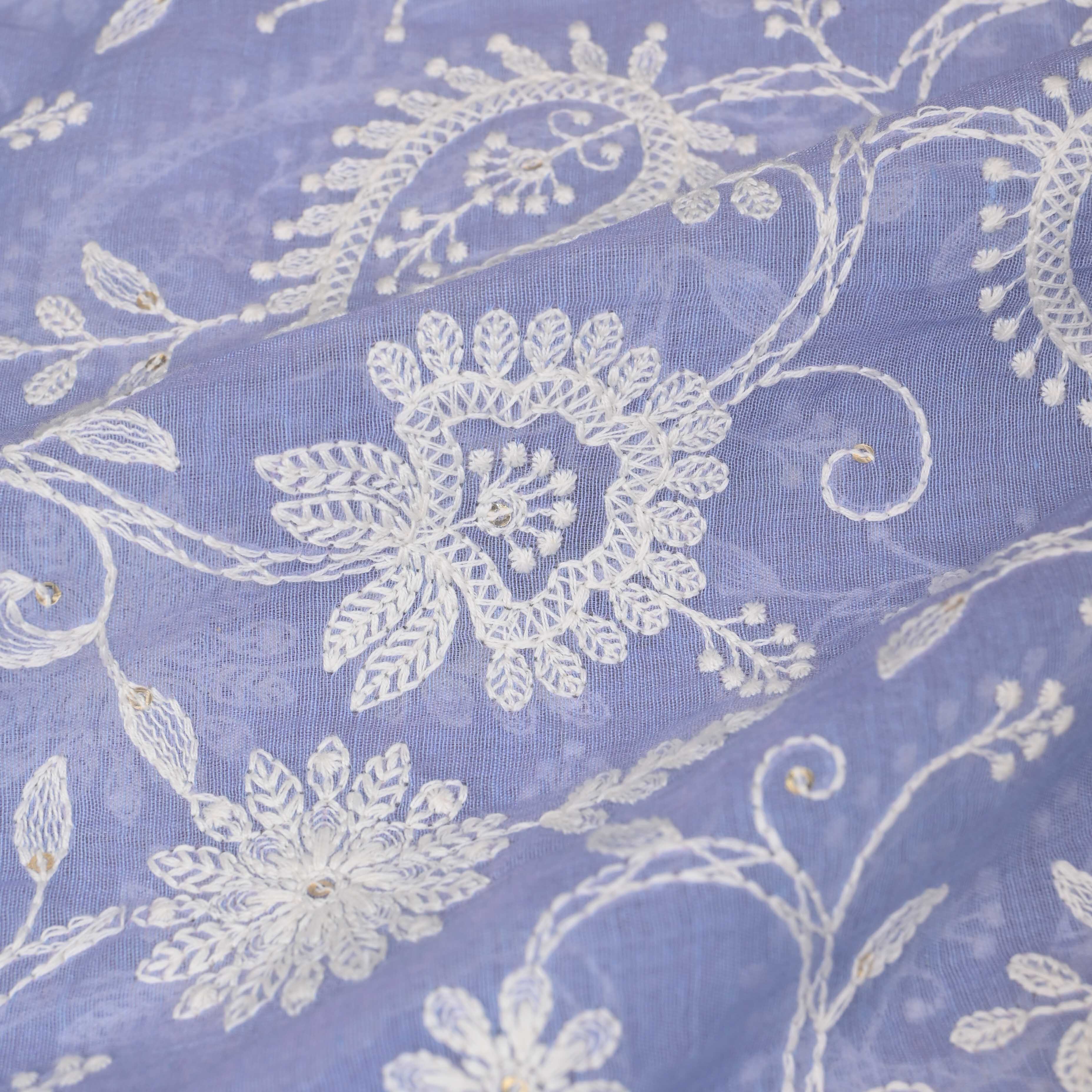 Nikko Blue Lucknowi Chanderi Fabric With Embroidery
