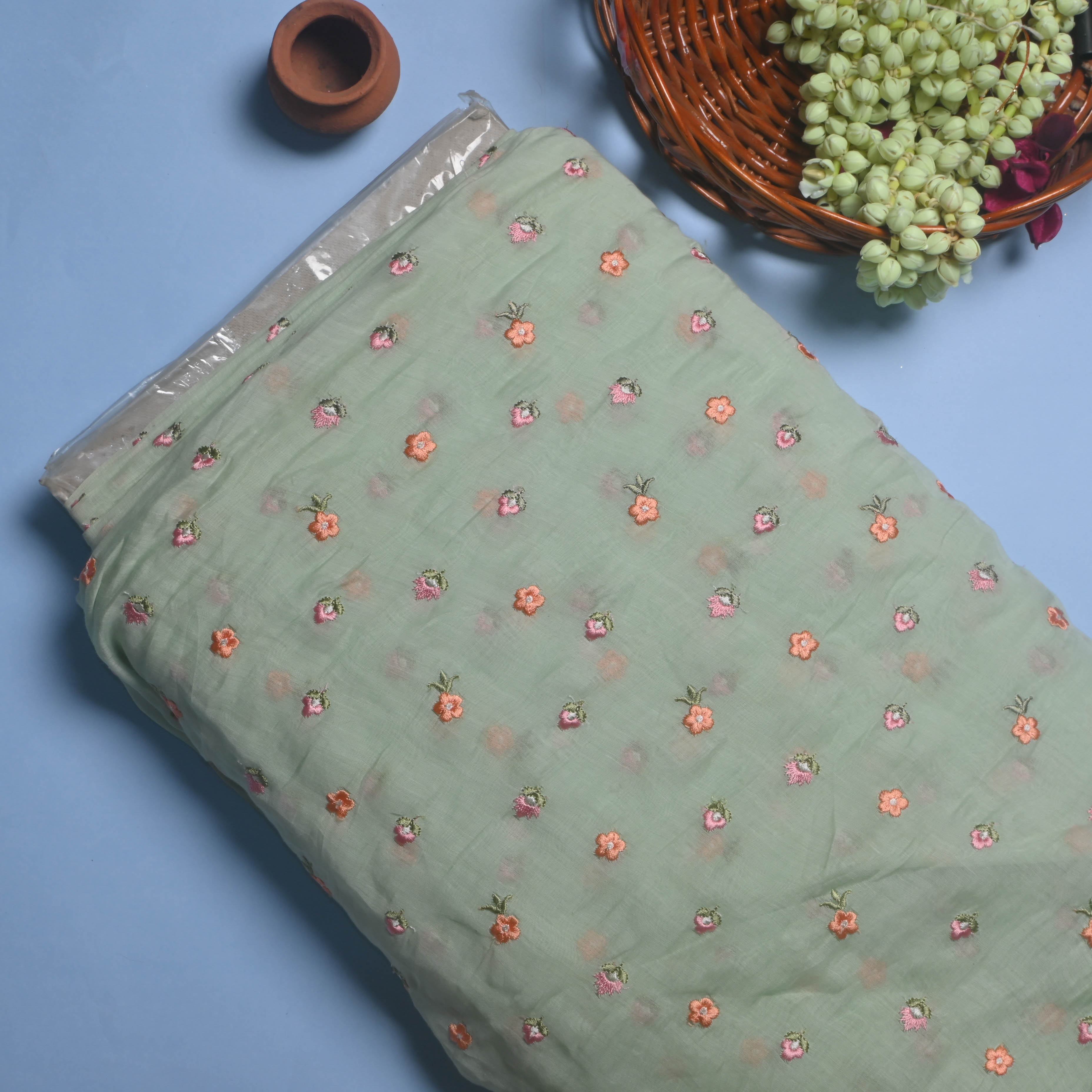 Brook Green Butti Chanderi Fabric With Embroidery