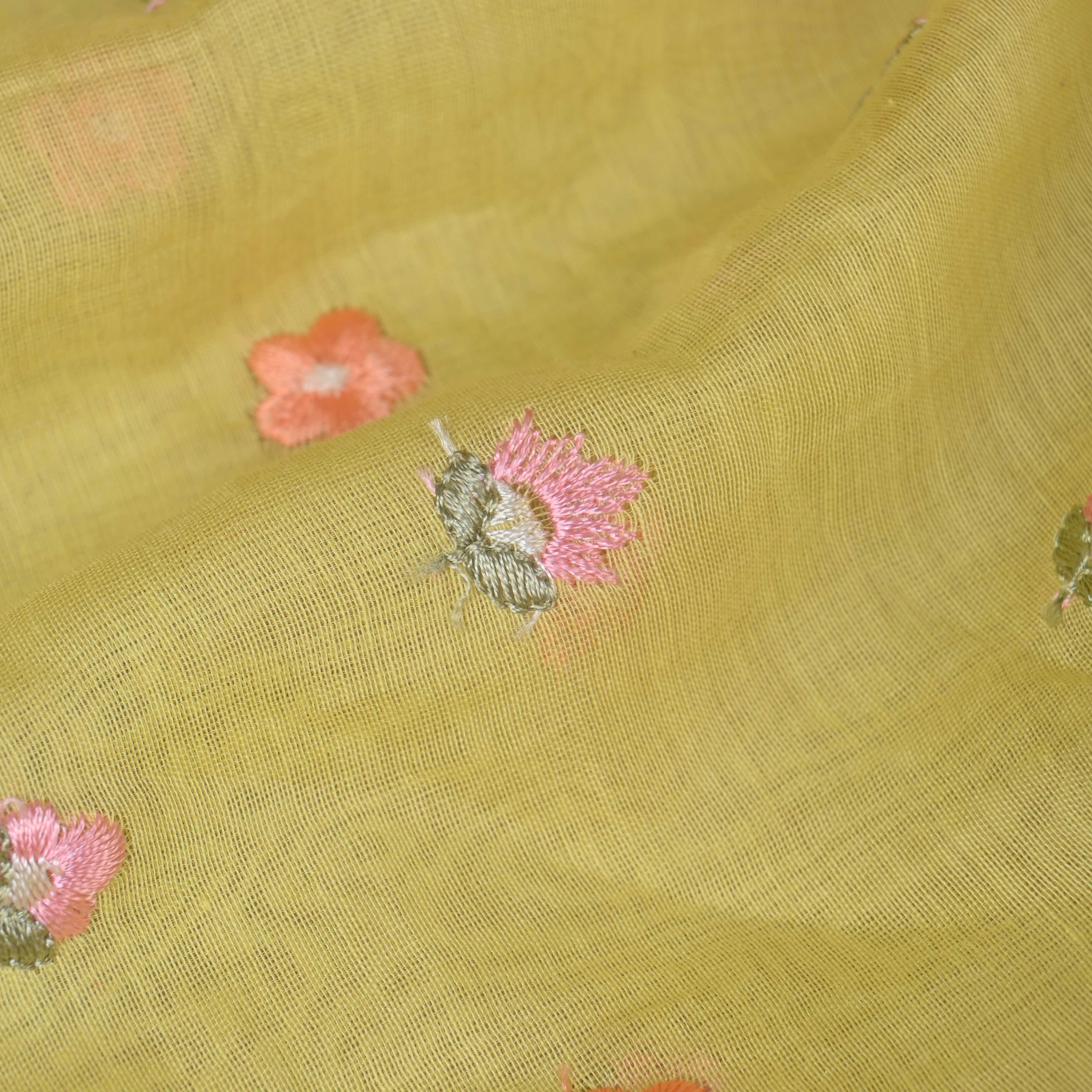 Arylide Yellow Butti Chanderi Fabric With Embroidery