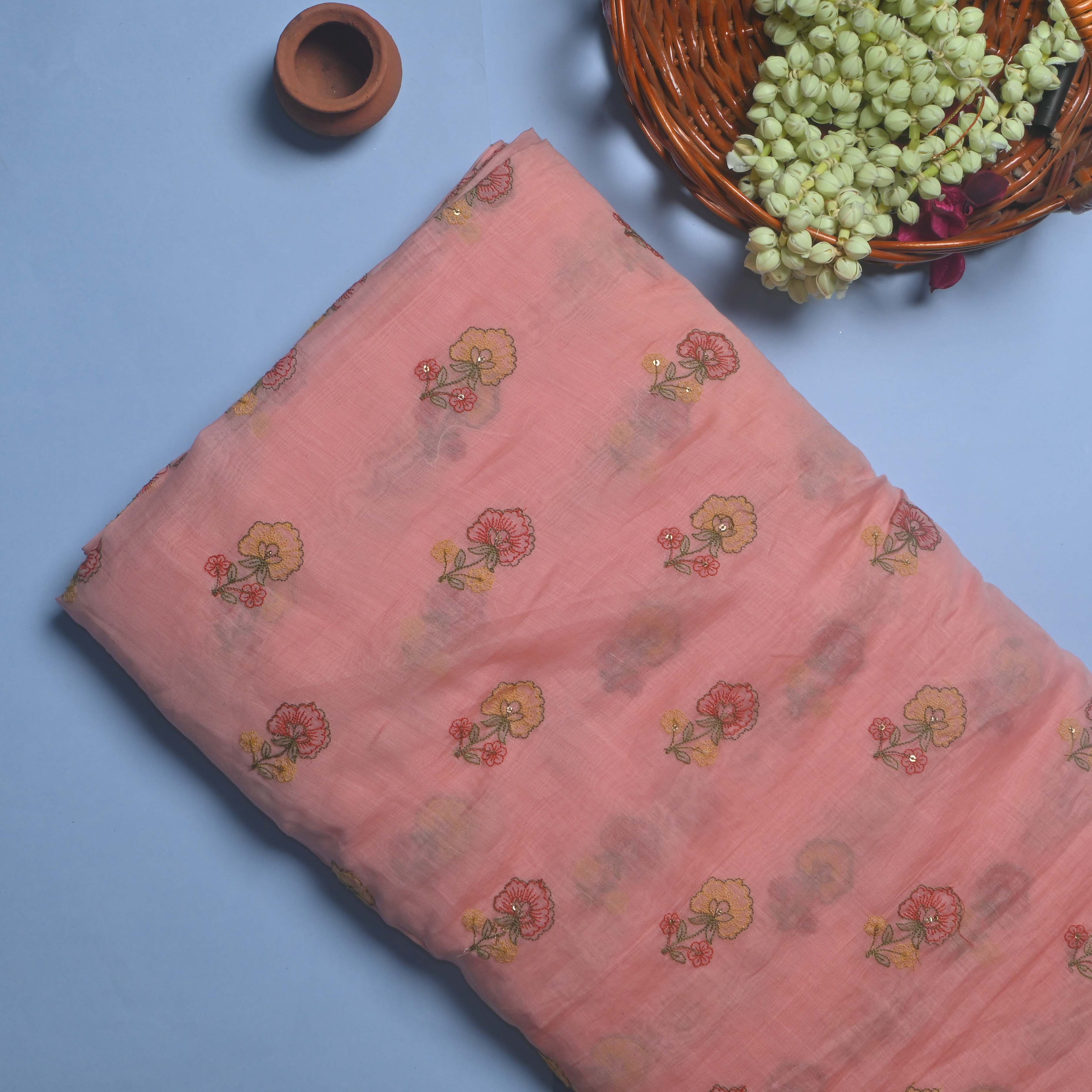 Sea Pink Floral Chanderi Fabric With Embroidery