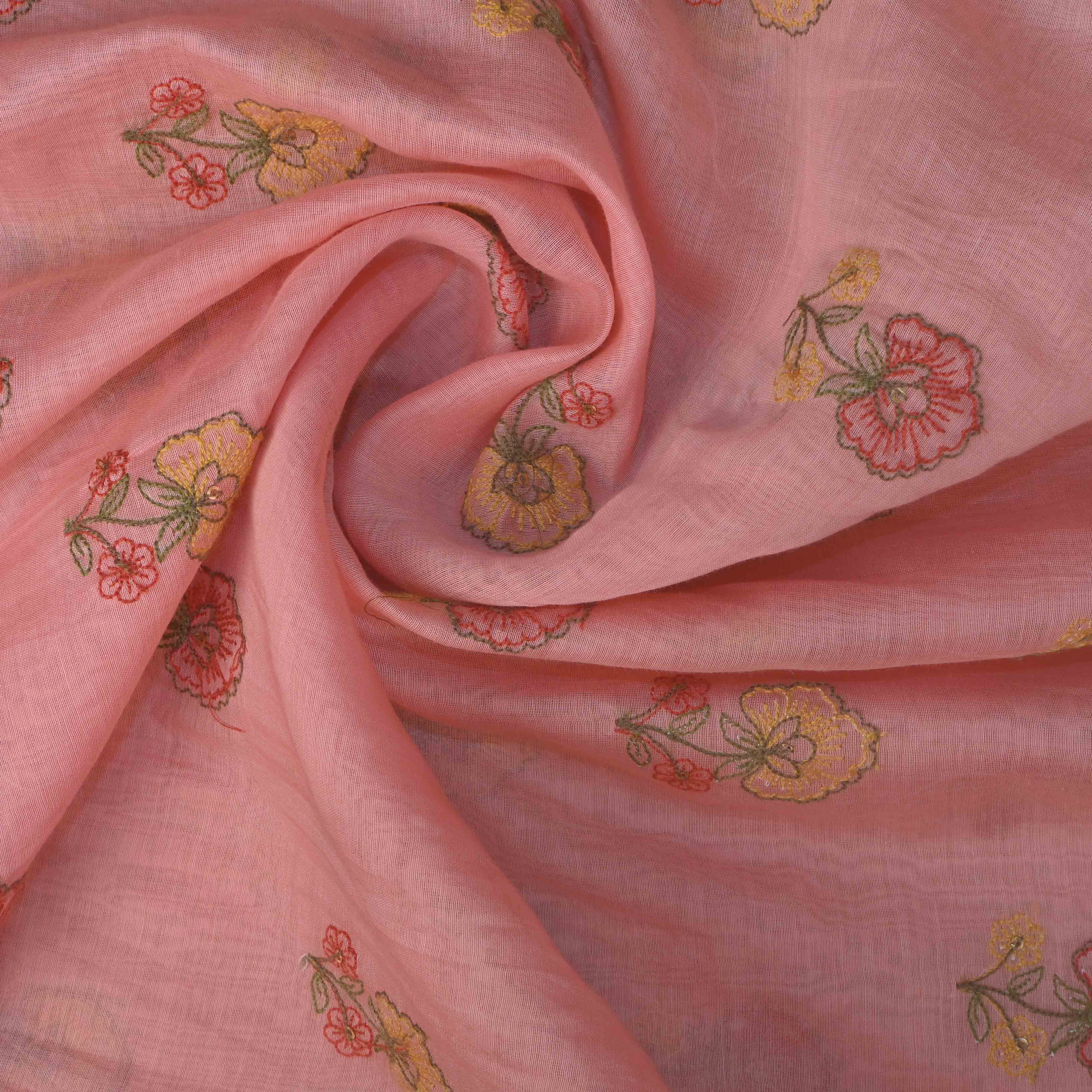 Sea Pink Floral Chanderi Fabric With Embroidery