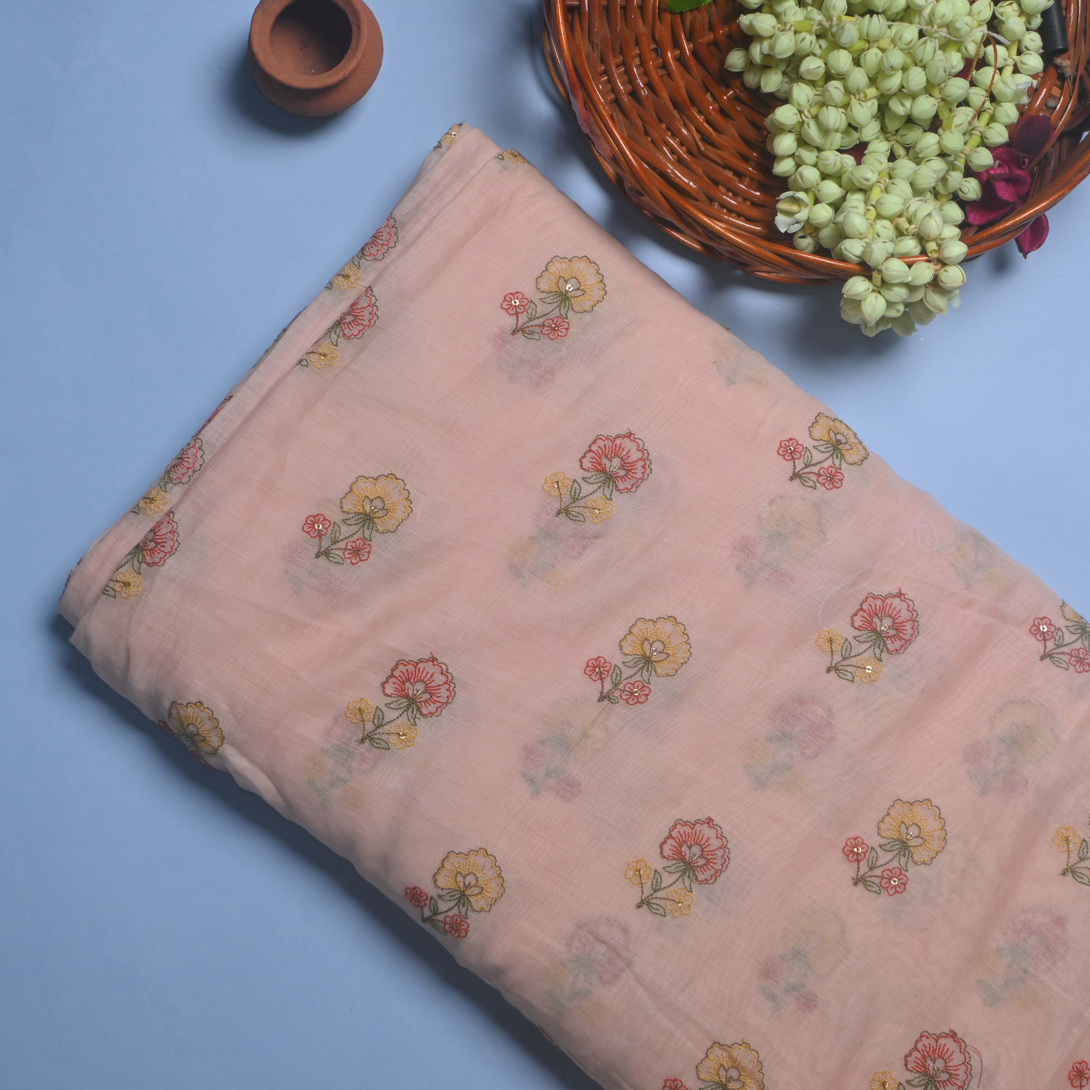 Oyster Pink Floral Chanderi Fabric With Embroidery