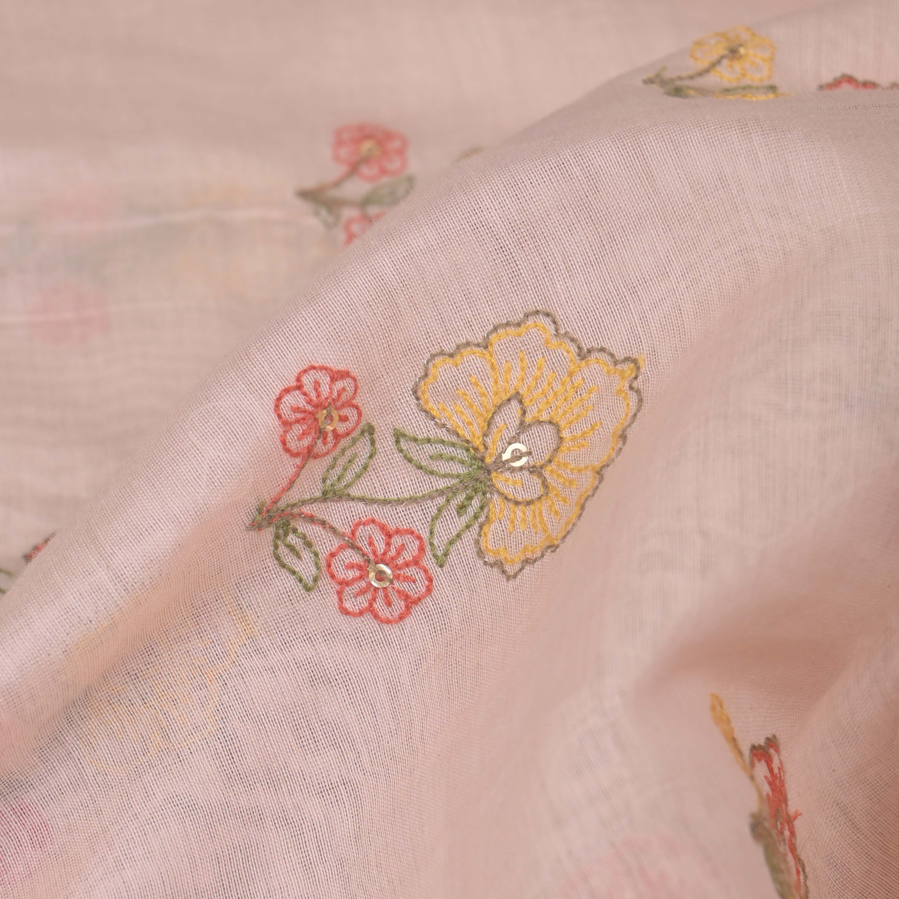 Oyster Pink Floral Chanderi Fabric With Embroidery